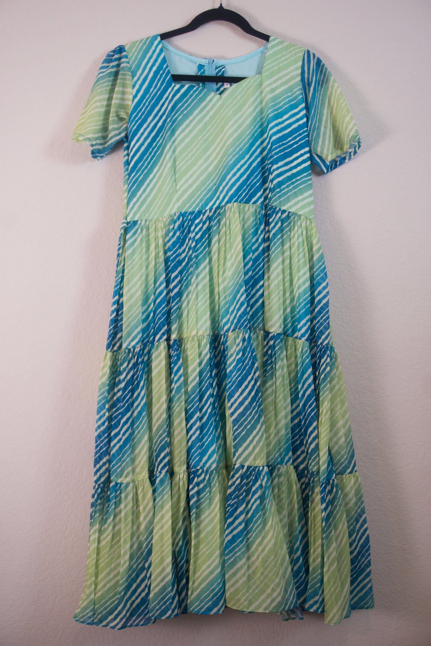 Green Lehariya Georgette 3 tier frock with elbow sleeves