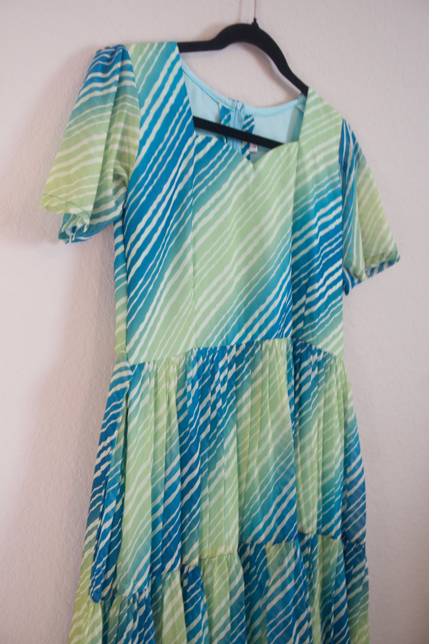 Green Lehariya Georgette 3 tier frock with elbow sleeves