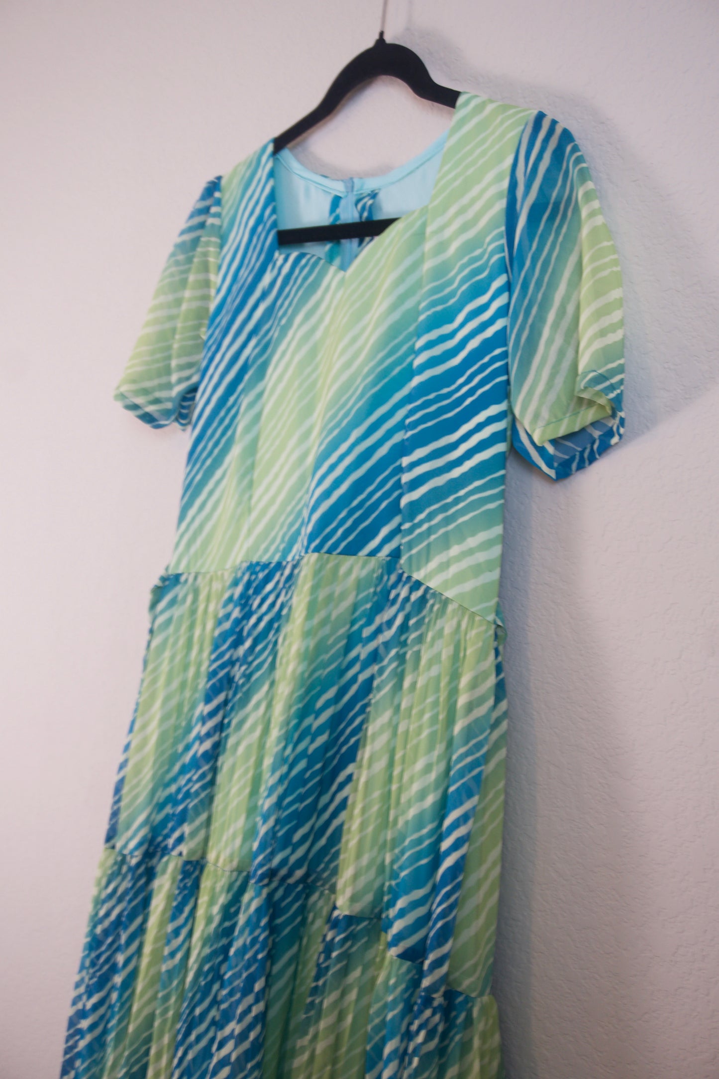 Green Lehariya Georgette 3 tier frock with elbow sleeves
