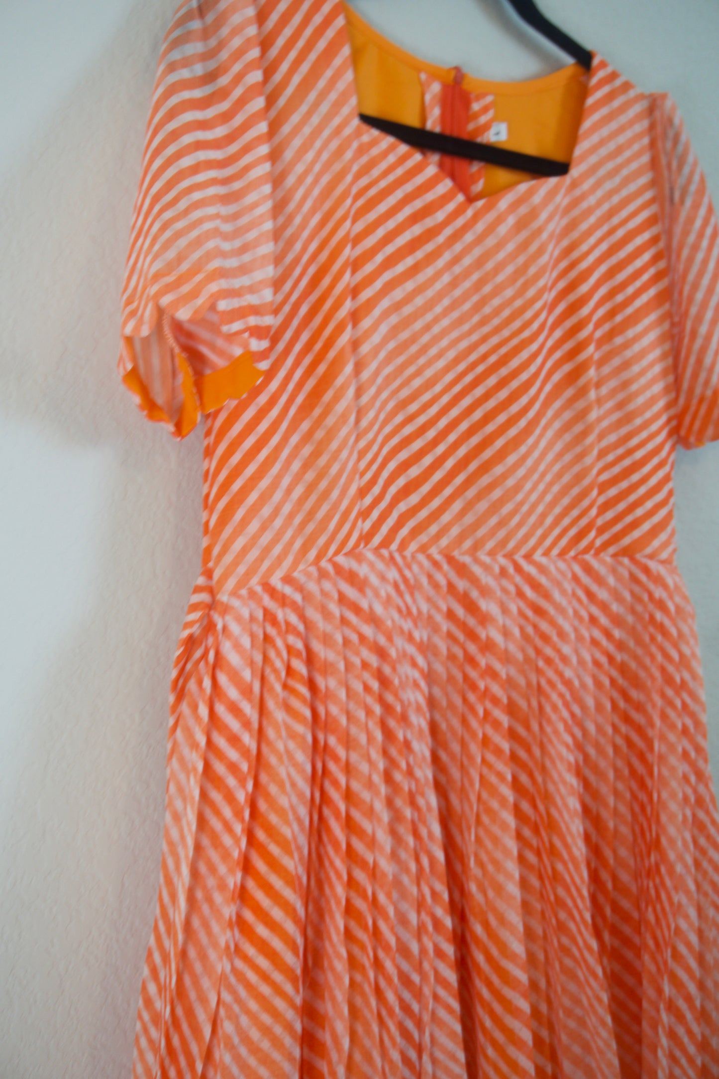 Orange Lehariya Georgette Scallop flare frock with elbow scallop sleeves