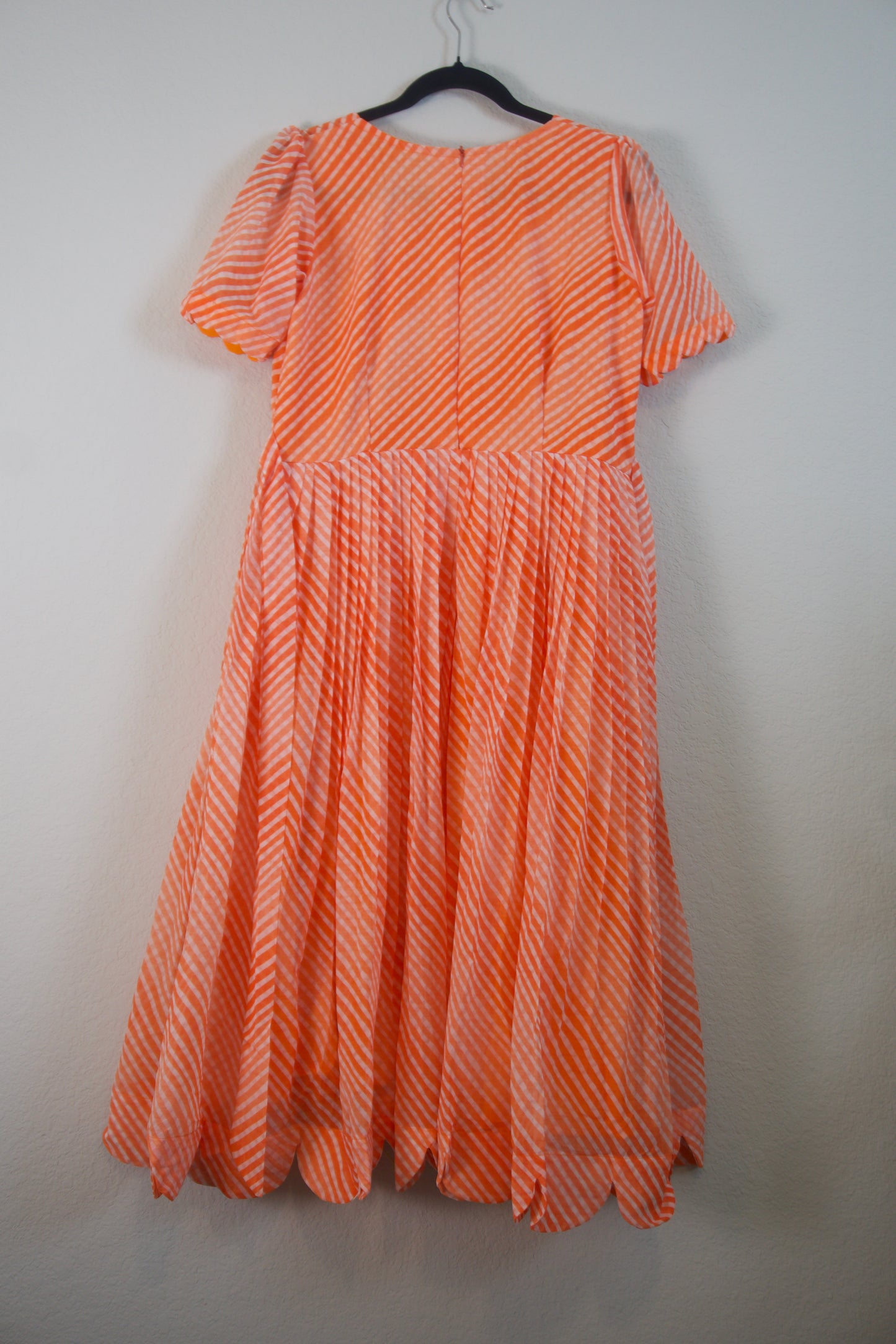 Orange Lehariya Georgette Scallop flare frock with elbow scallop sleeves