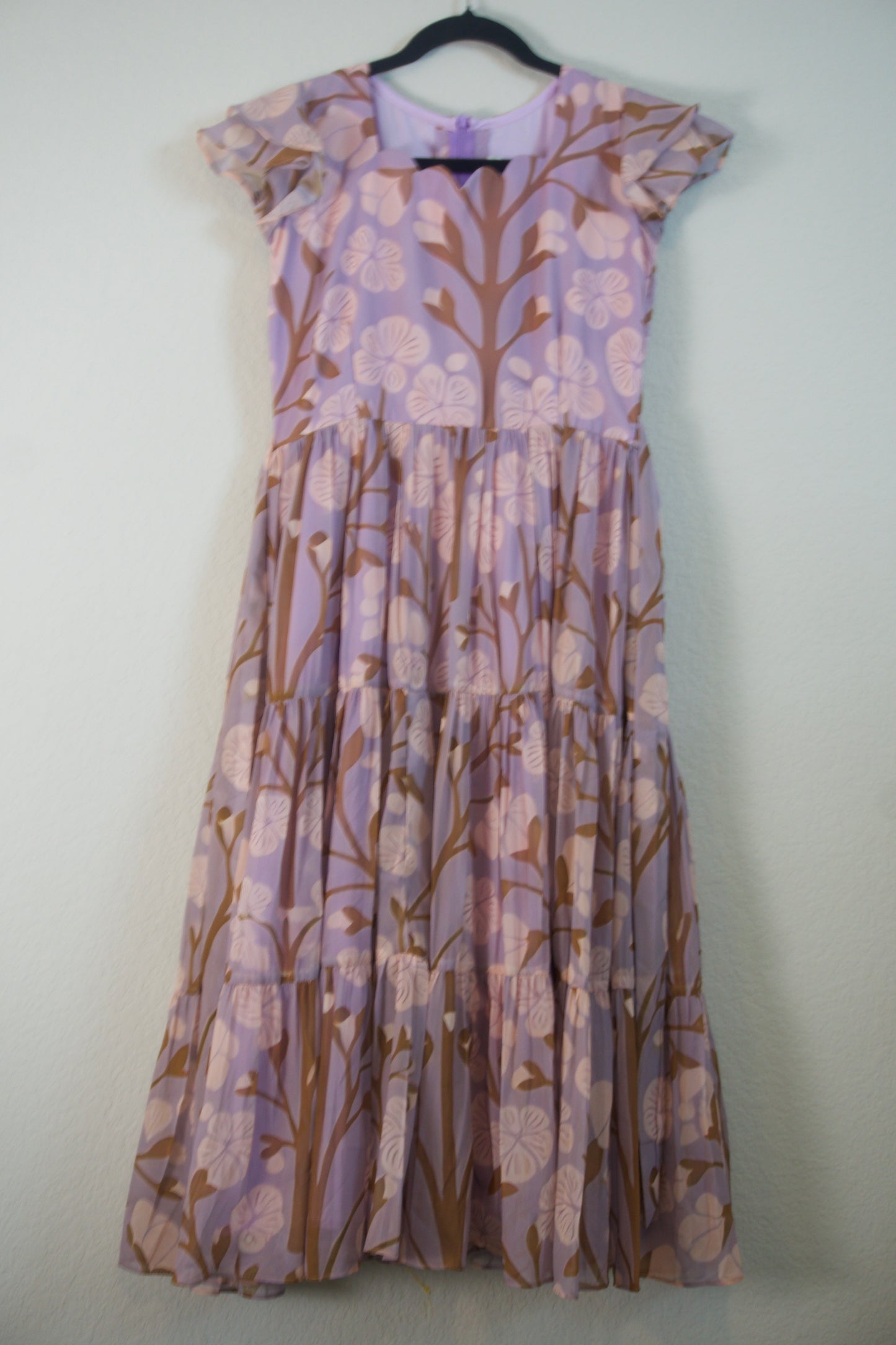Lilac Floral Georgette 3 tier frock with short sleeve