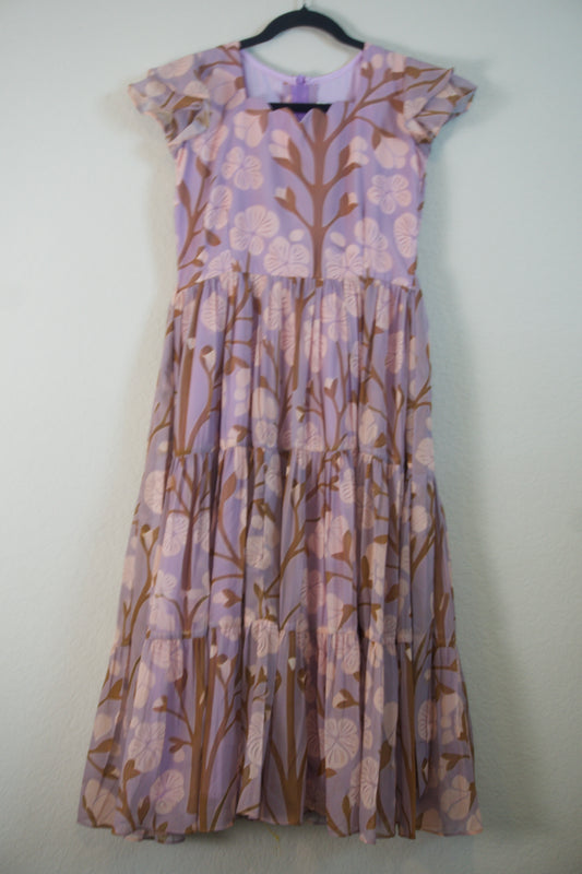 Lilac Floral Georgette 3 tier frock with short sleeve
