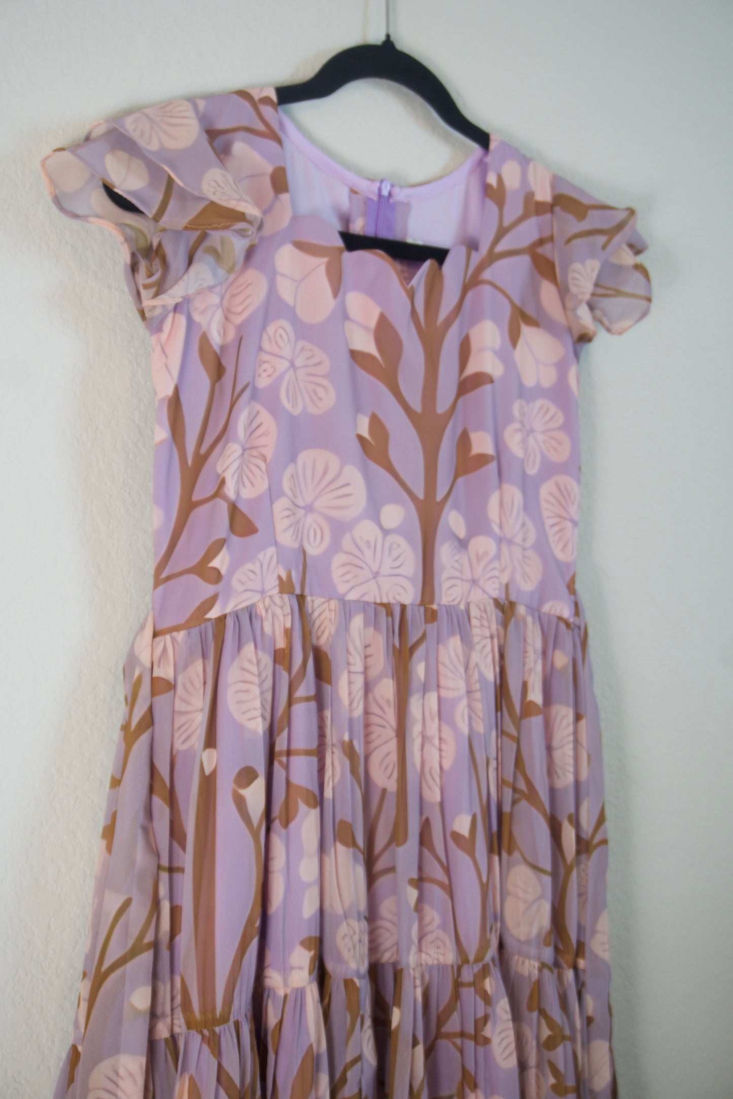 Lilac Floral Georgette 3 tier frock with short sleeve