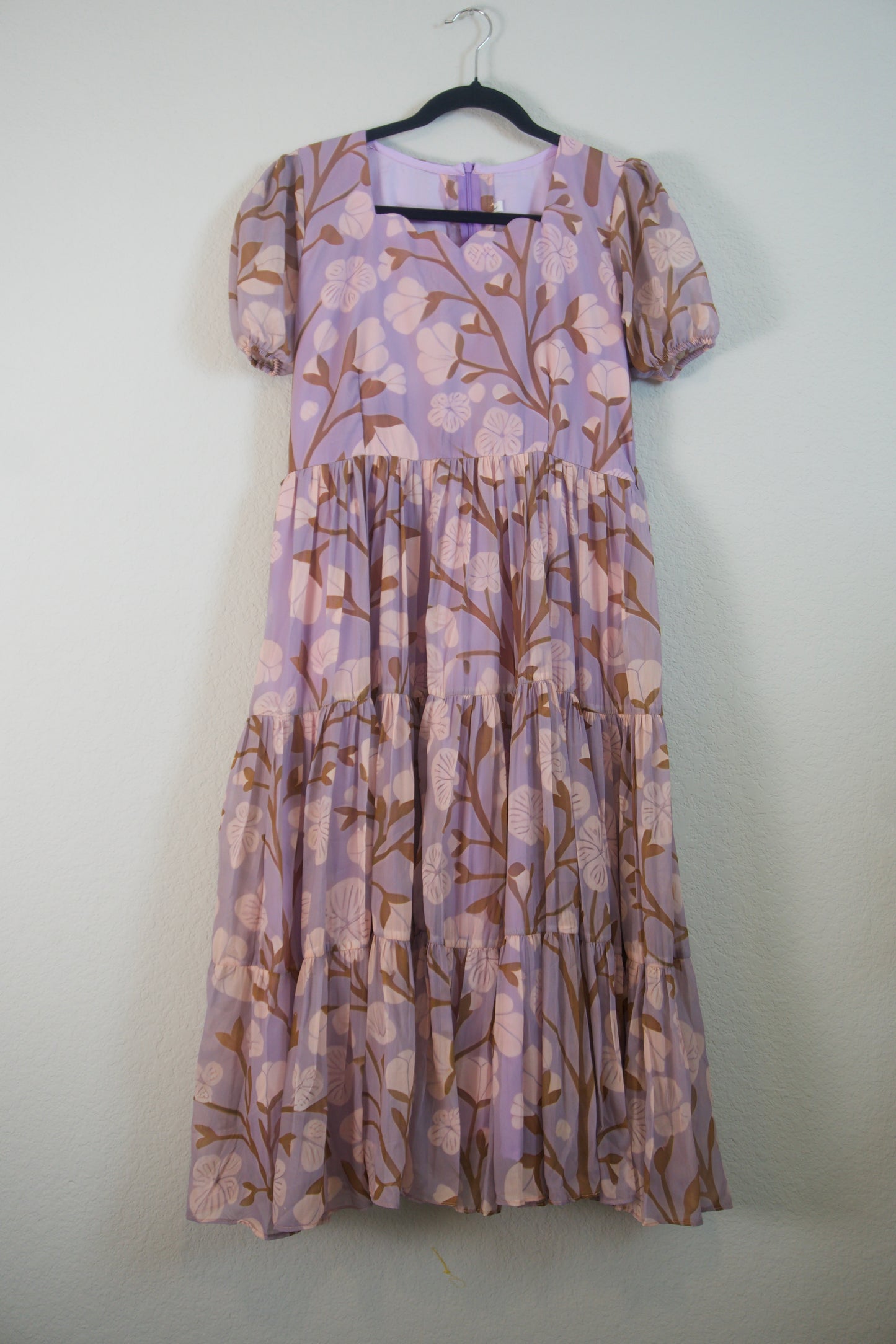 Lilac Floral Georgette 3 tier frock with elbow elastic sleeve