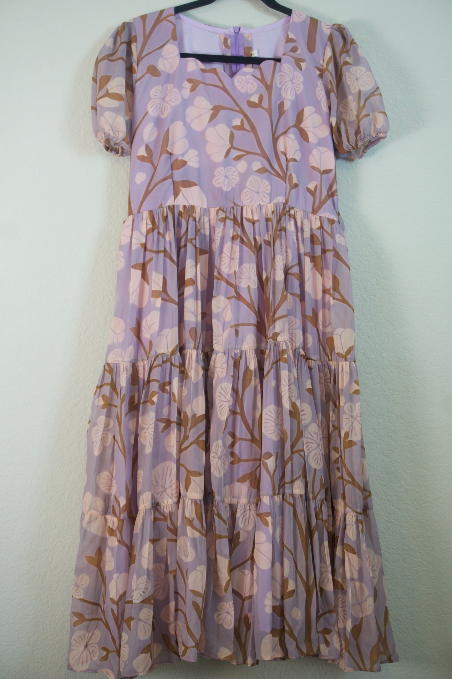 Lilac Floral Georgette 3 tier frock with elbow elastic sleeve