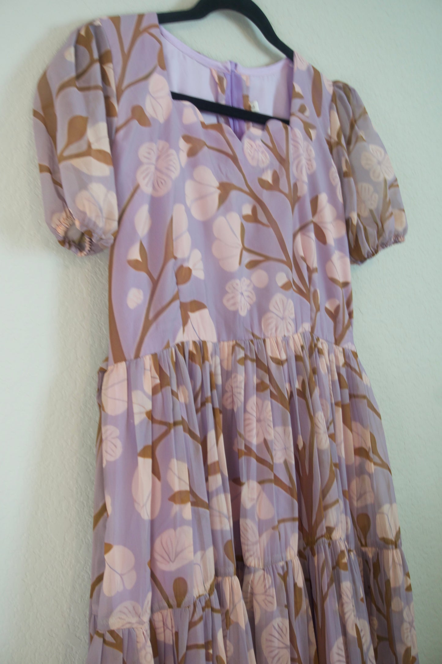 Lilac Floral Georgette 3 tier frock with elbow elastic sleeve
