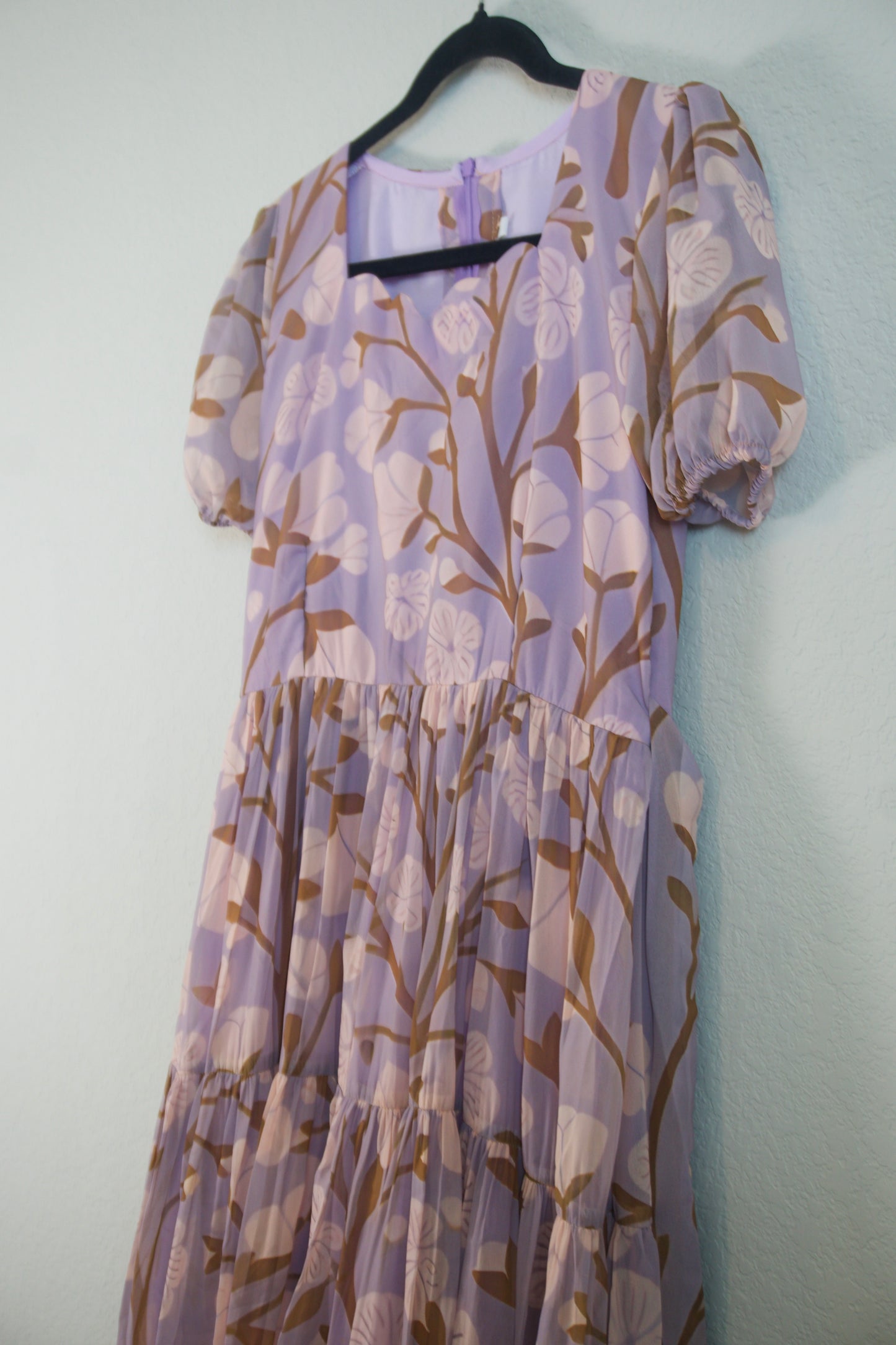 Lilac Floral Georgette 3 tier frock with elbow elastic sleeve