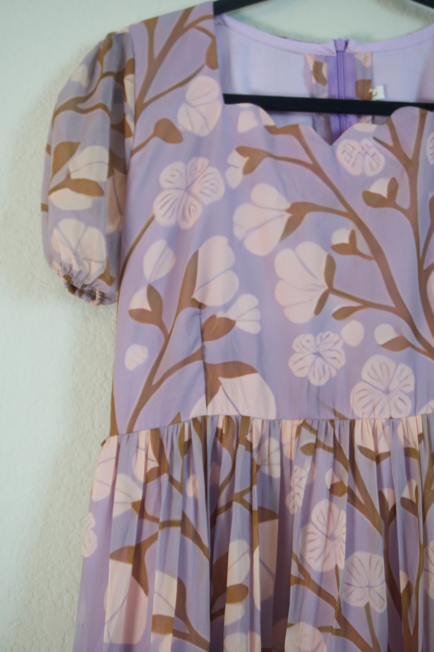 Lilac Floral Georgette 3 tier frock with elbow elastic sleeve