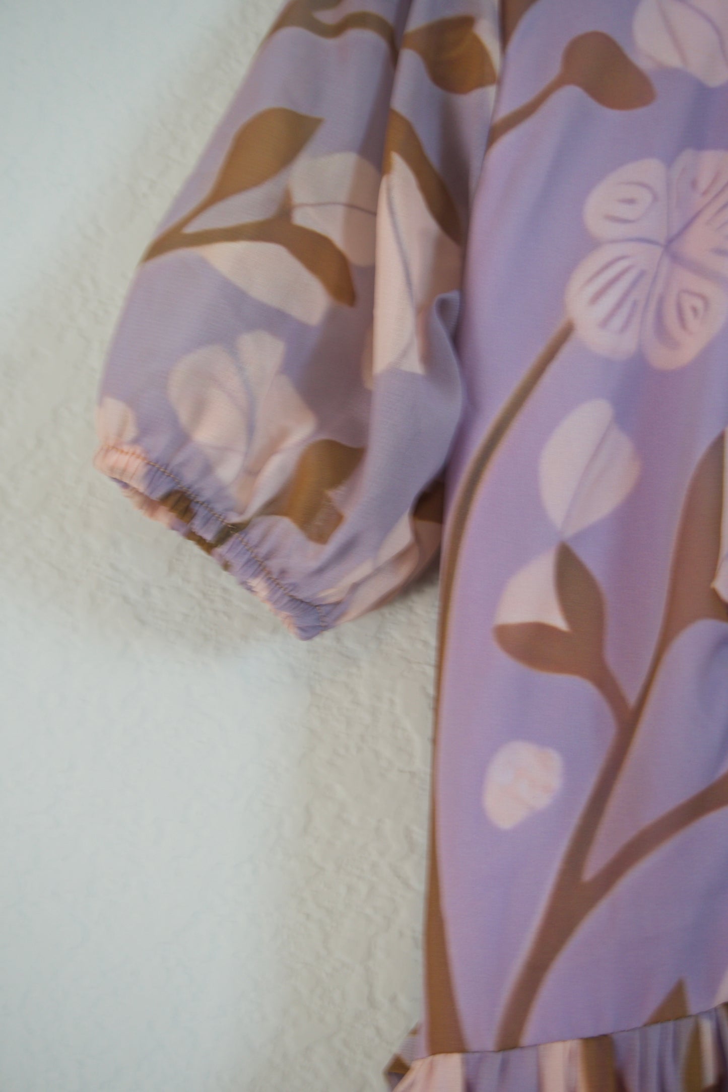 Lilac Floral Georgette 3 tier frock with elbow elastic sleeve
