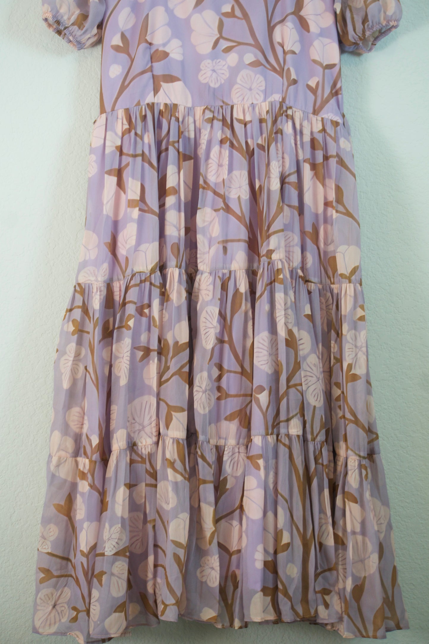 Lilac Floral Georgette 3 tier frock with elbow elastic sleeve