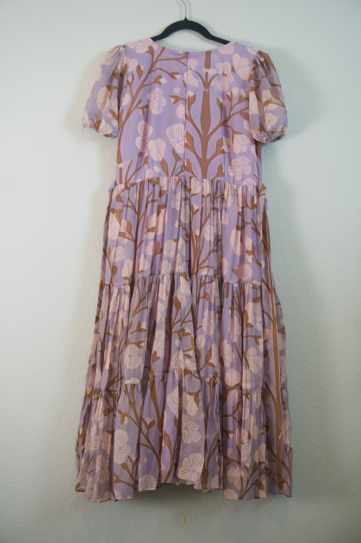 Lilac Floral Georgette 3 tier frock with elbow elastic sleeve