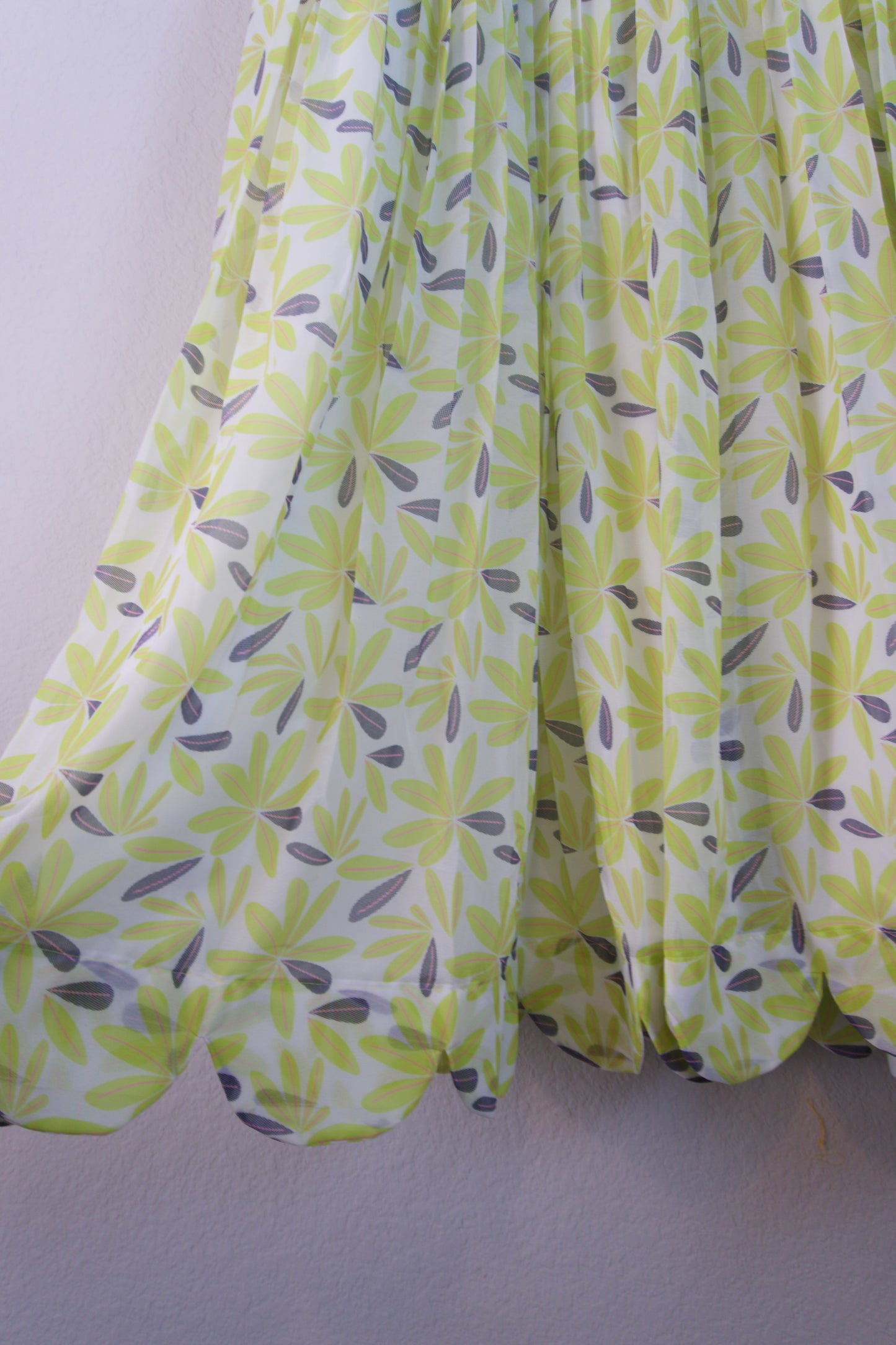 White and Green Floral Georgette Scallop flare frock with elbow elastic sleeves