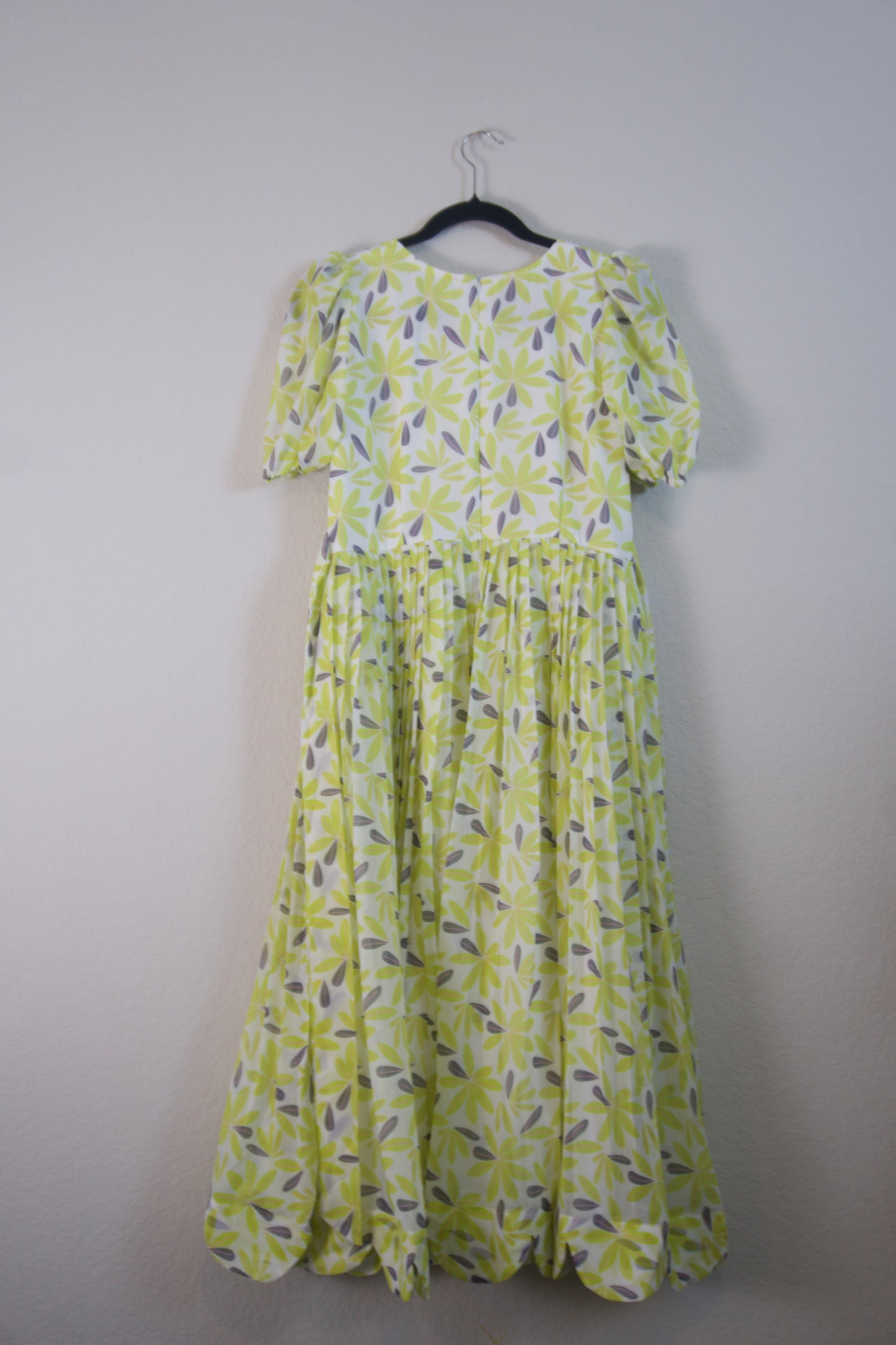 White and Green Floral Georgette Scallop flare frock with elbow elastic sleeves