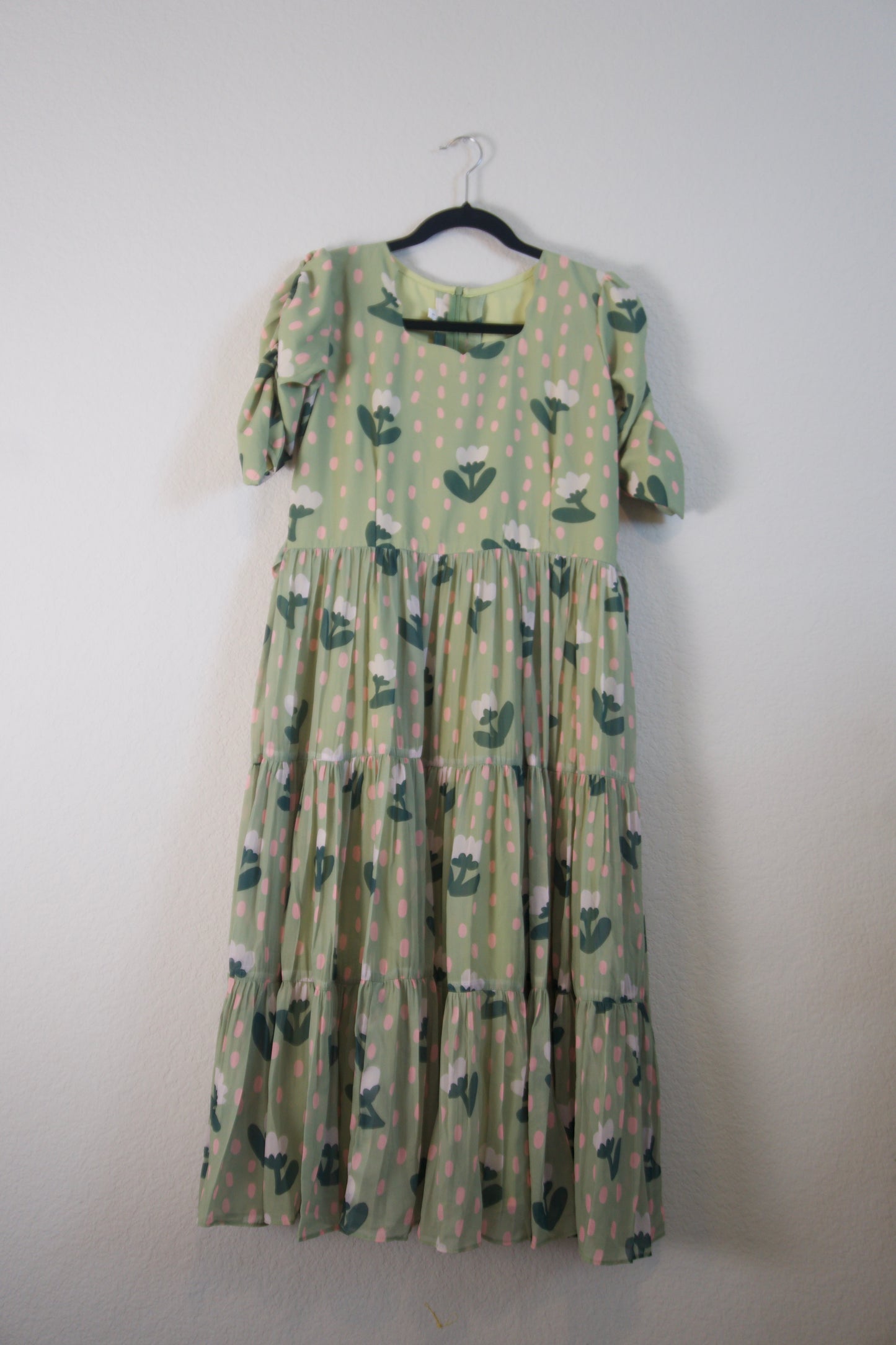 Green Floral Georgette 3 tier frock with fitted elastic elbow sleeve
