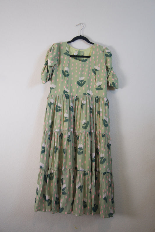 Green Floral Georgette 3 tier frock with fitted elastic elbow sleeve