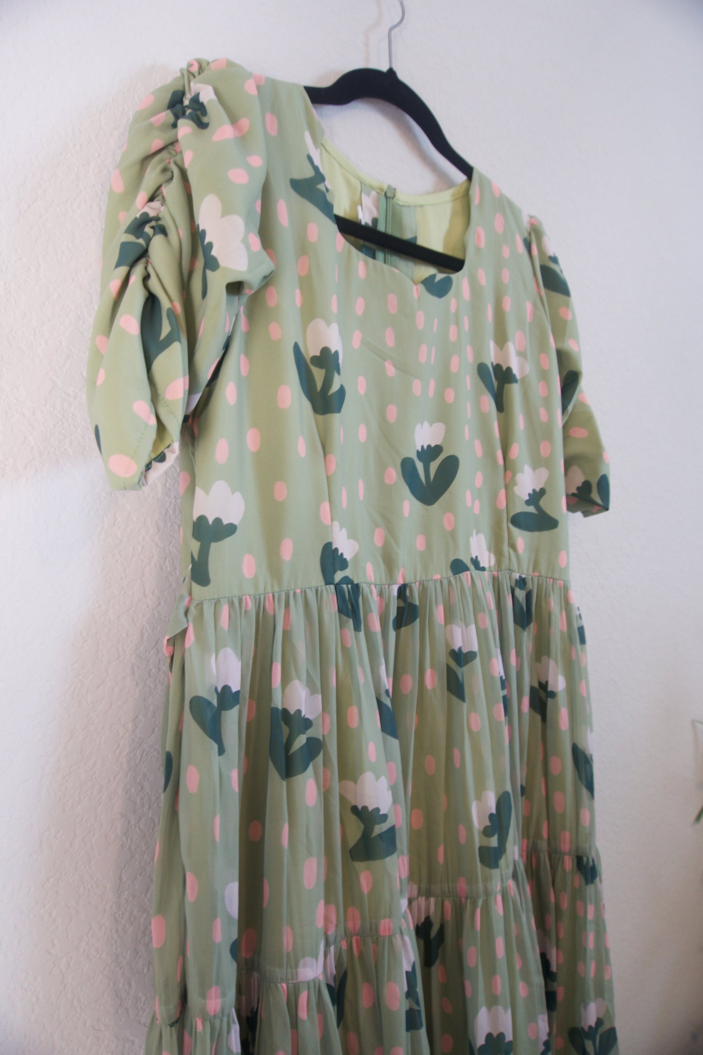 Green Floral Georgette 3 tier frock with fitted elastic elbow sleeve