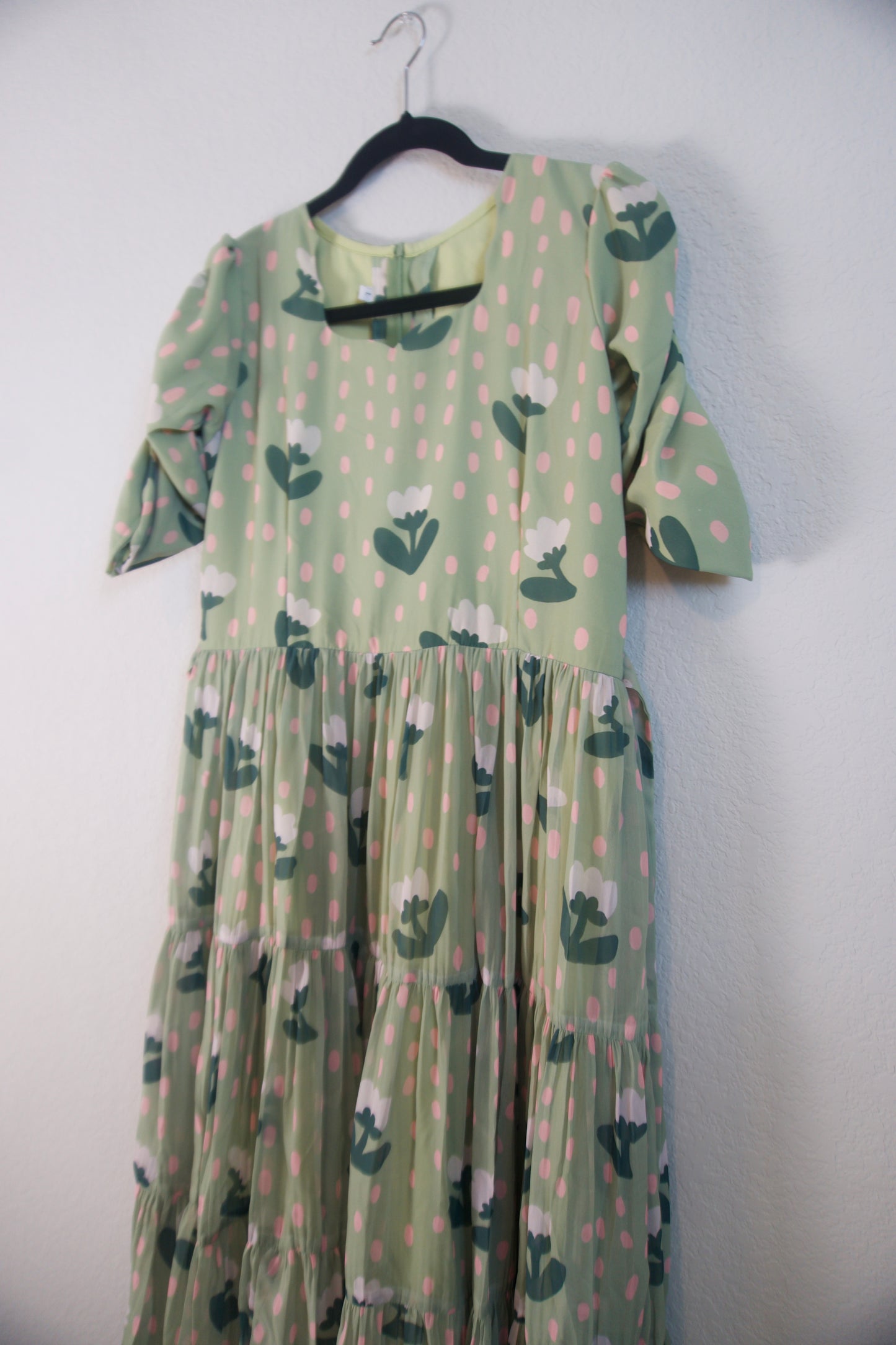 Green Floral Georgette 3 tier frock with fitted elastic elbow sleeve