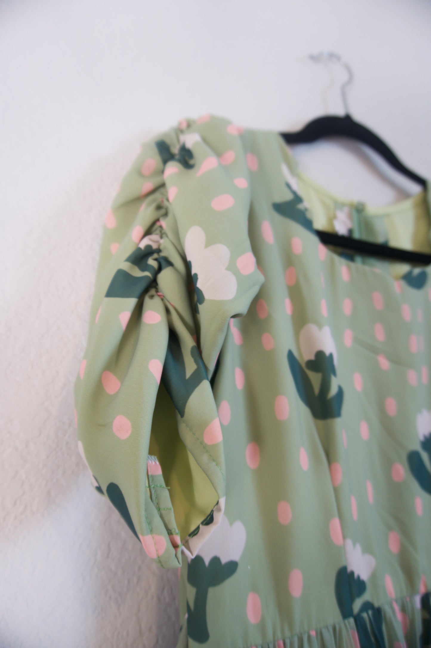 Green Floral Georgette 3 tier frock with fitted elastic elbow sleeve