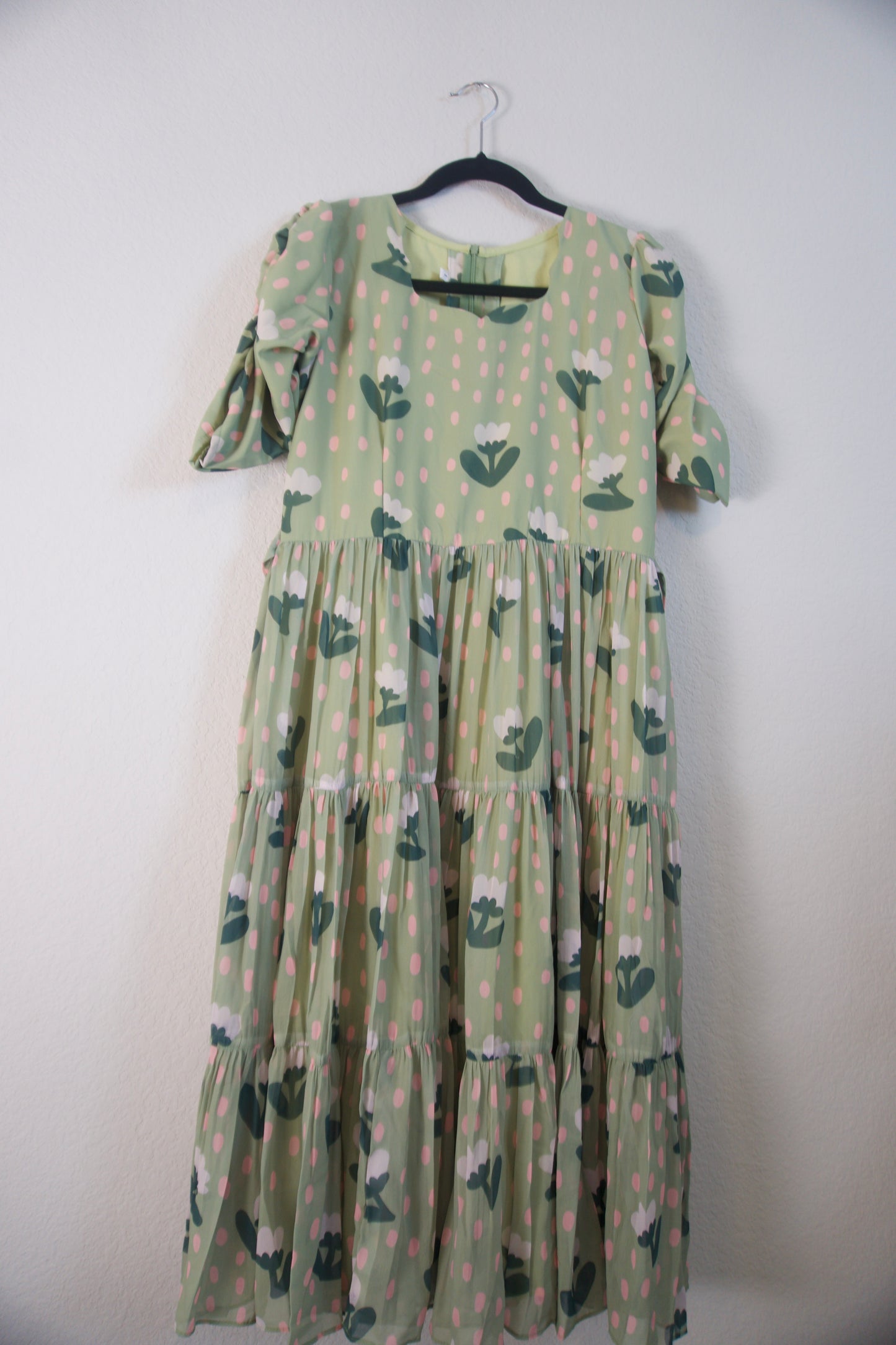 Green Floral Georgette 3 tier frock with fitted elastic elbow sleeve
