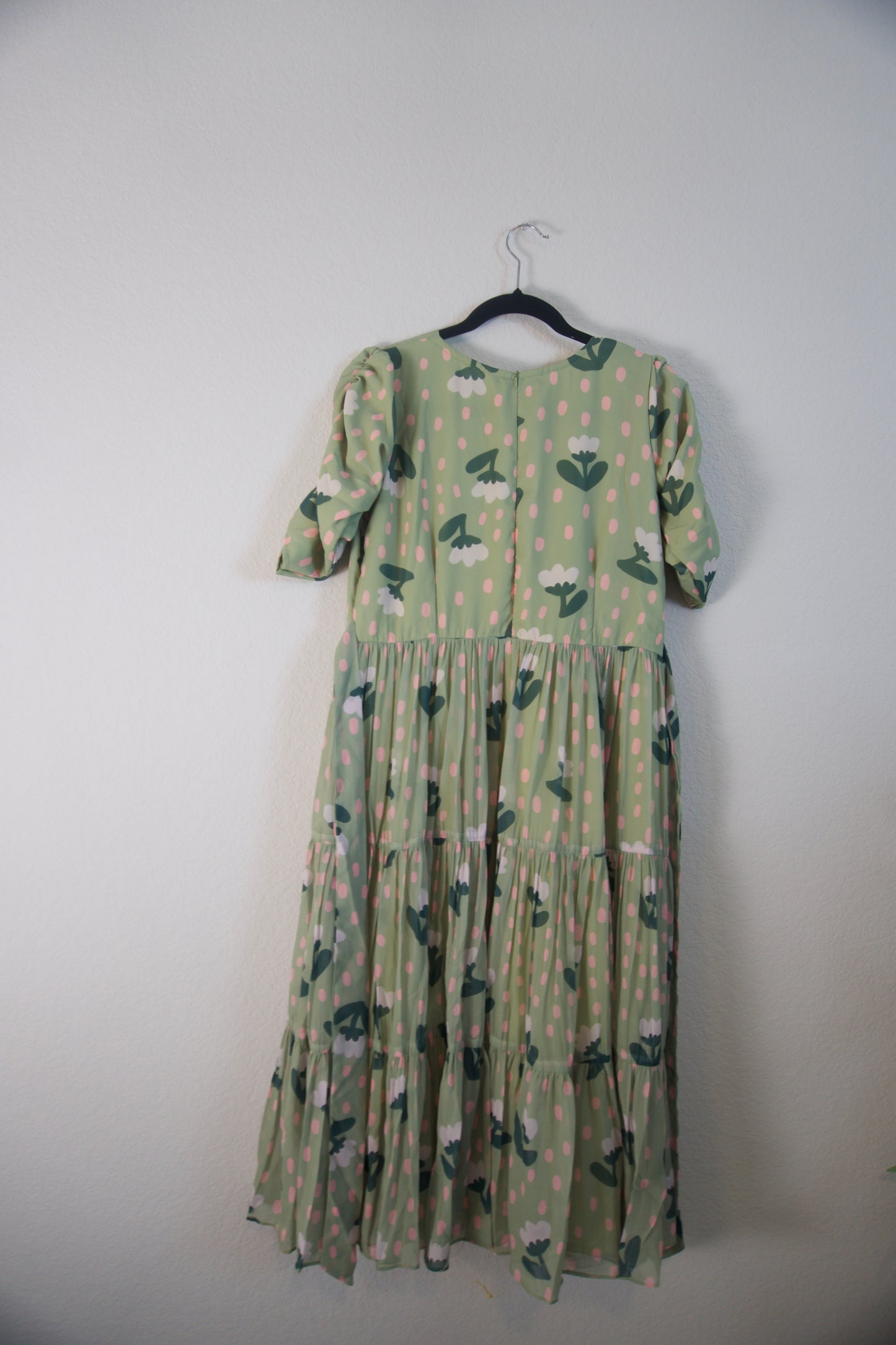 Green Floral Georgette 3 tier frock with fitted elastic elbow sleeve