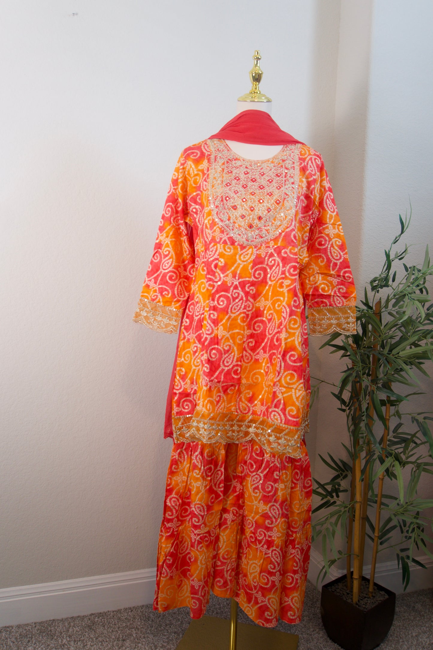 Orange and red bandhini sharara set