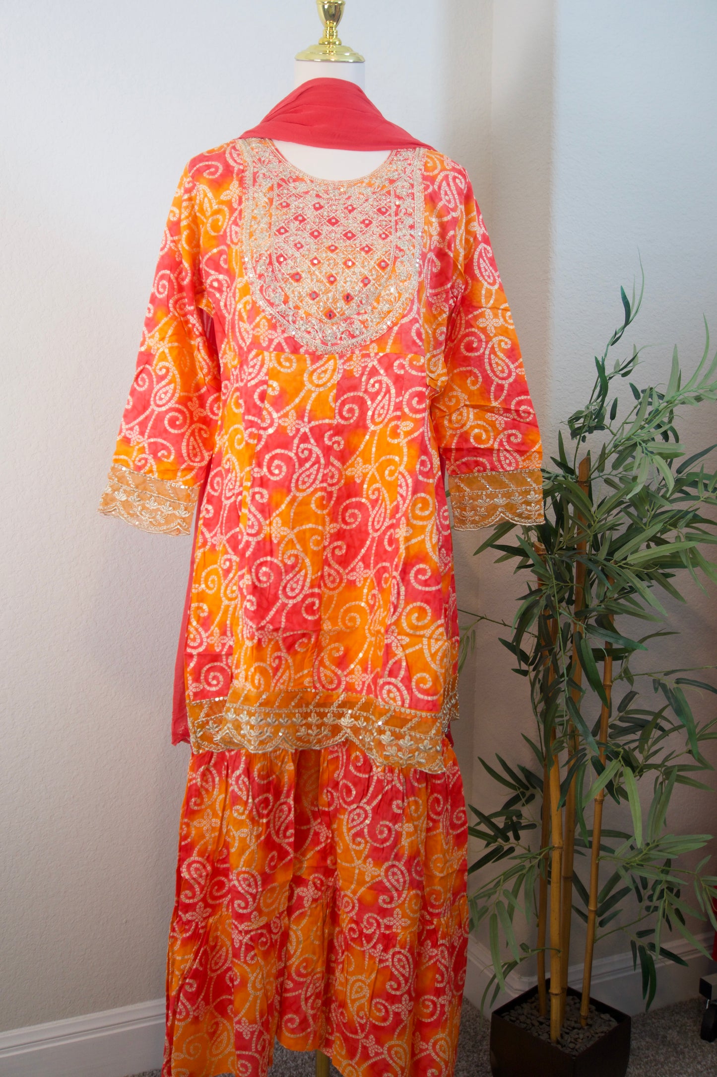 Orange and red bandhini sharara set