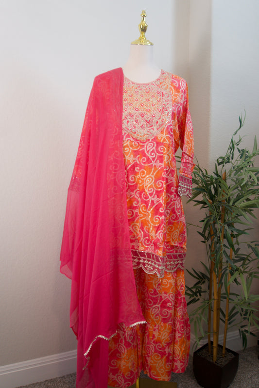 Pink and orange bandhini sharara set