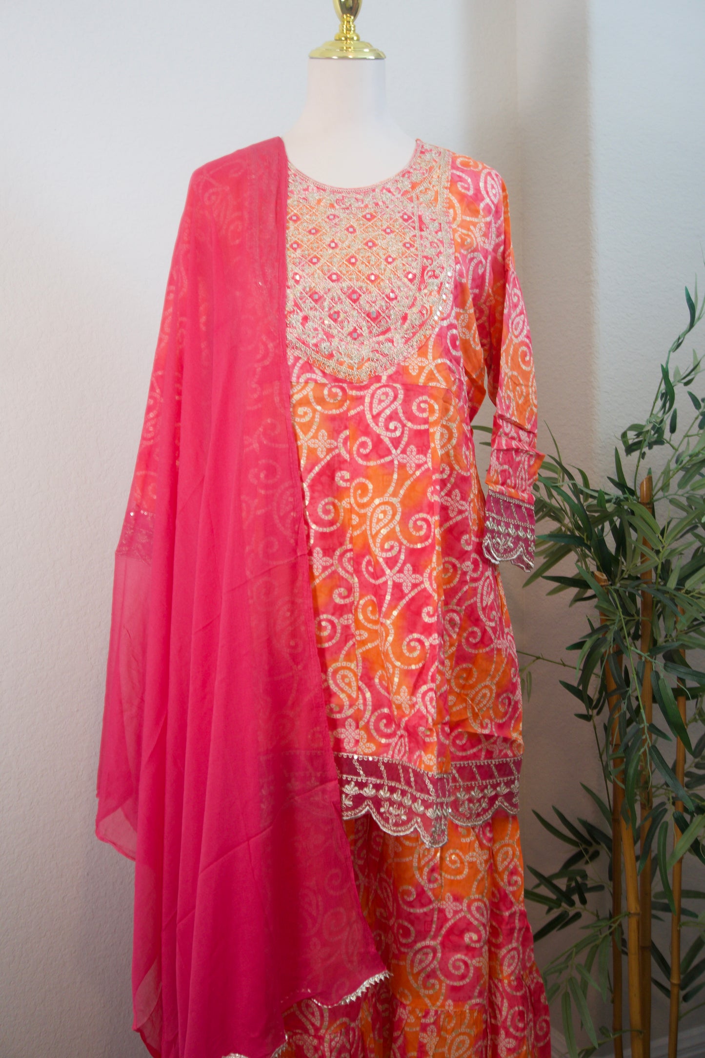 Pink and orange bandhini sharara set