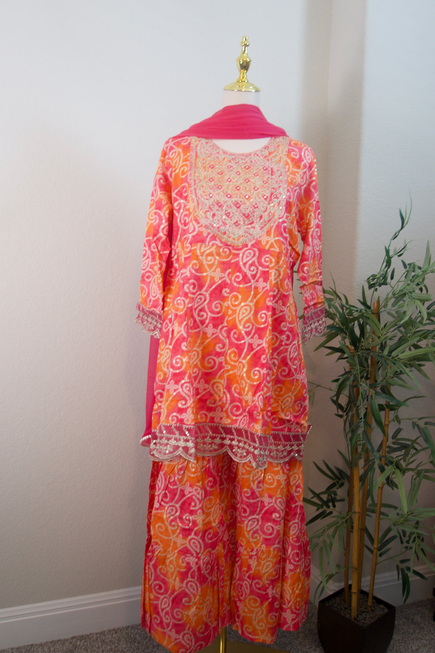 Pink and orange bandhini sharara set