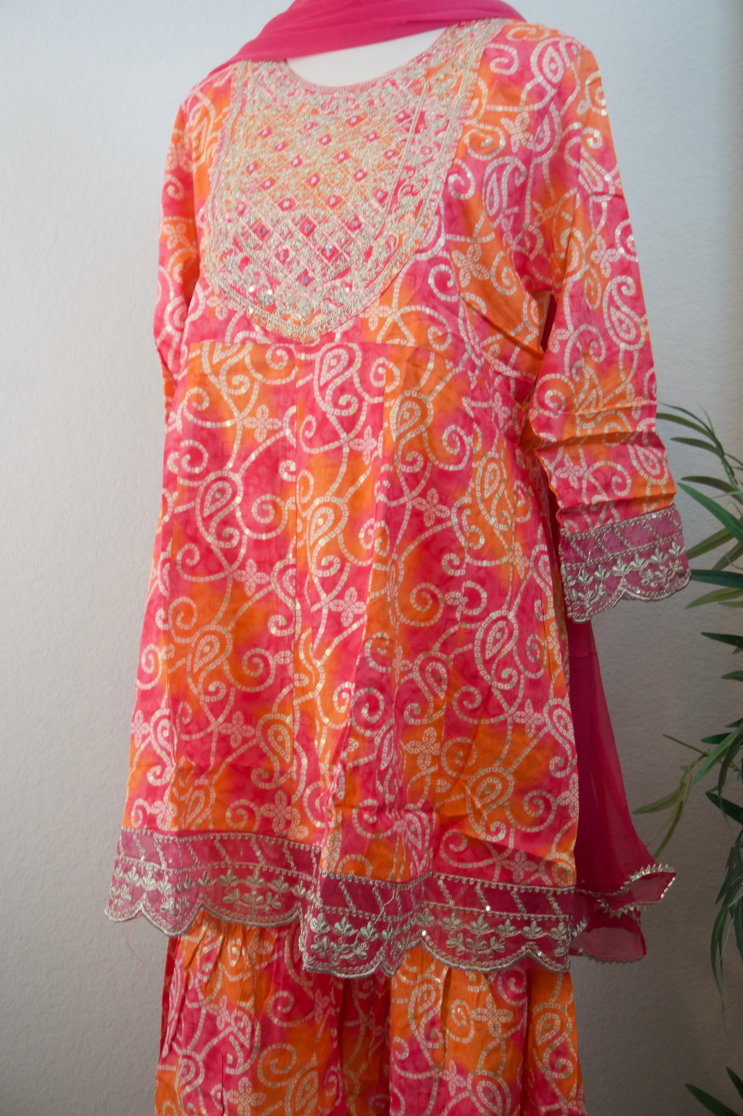 Pink and orange bandhini sharara set