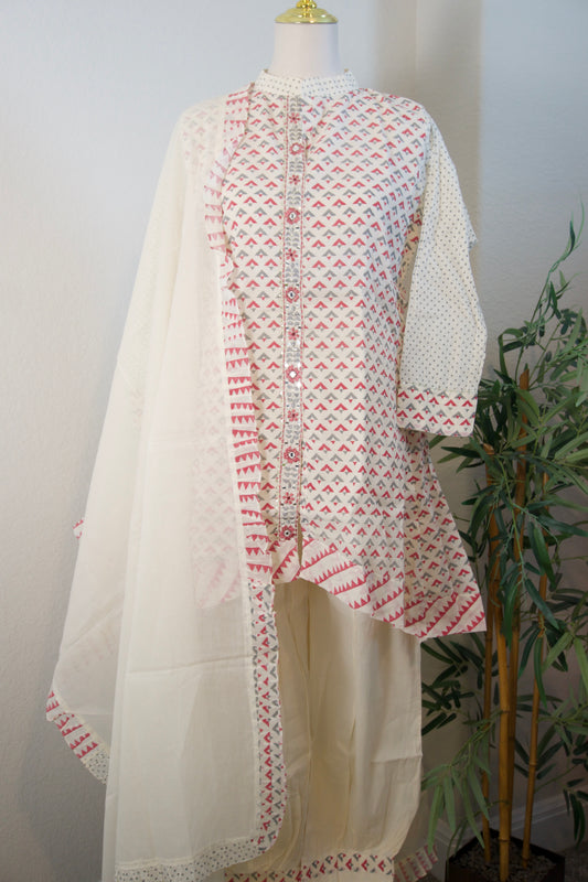 Half white and pink block print cotton high low 3 piece kurti set