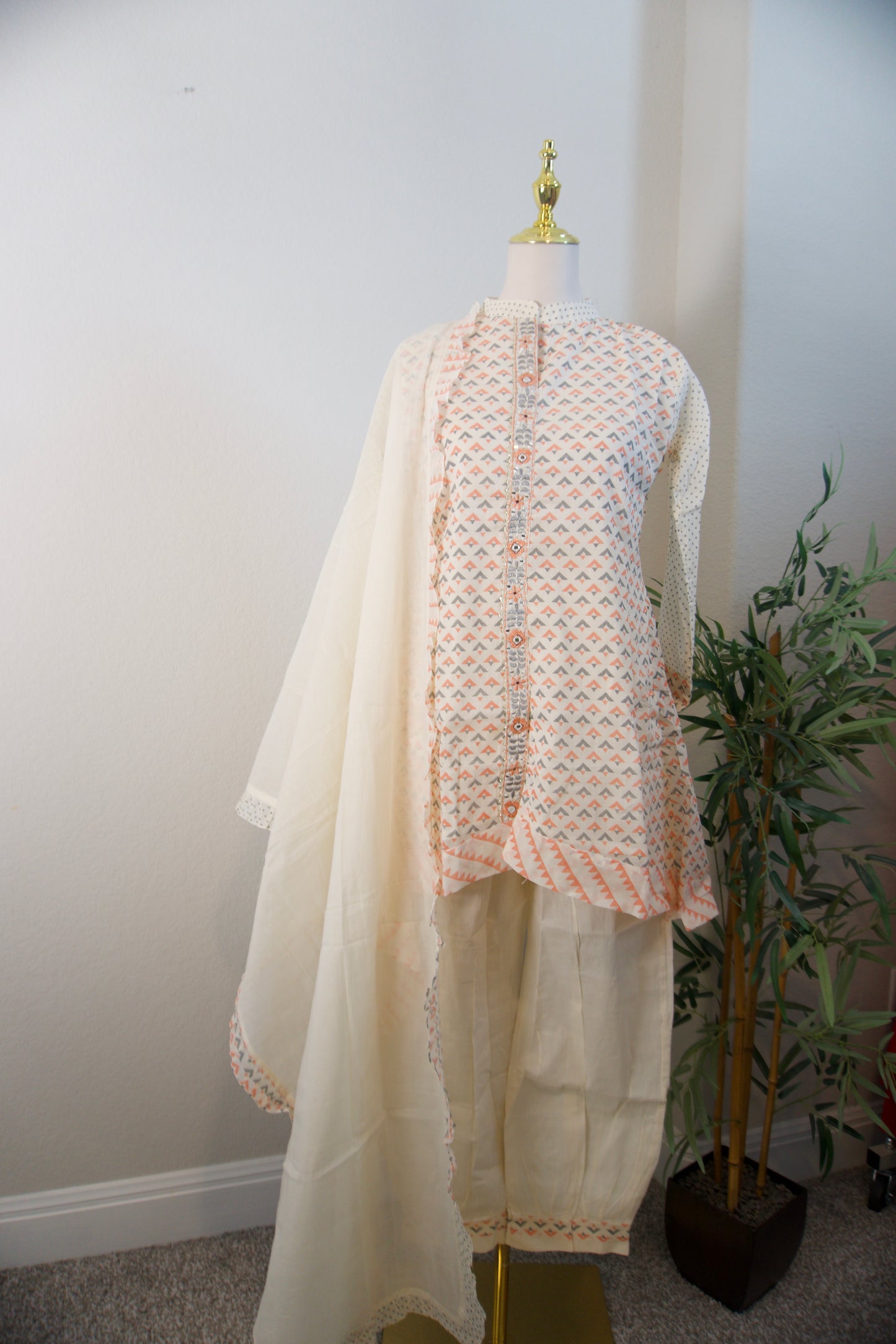 Half white and orange block print cotton high low 3 piece kurti set