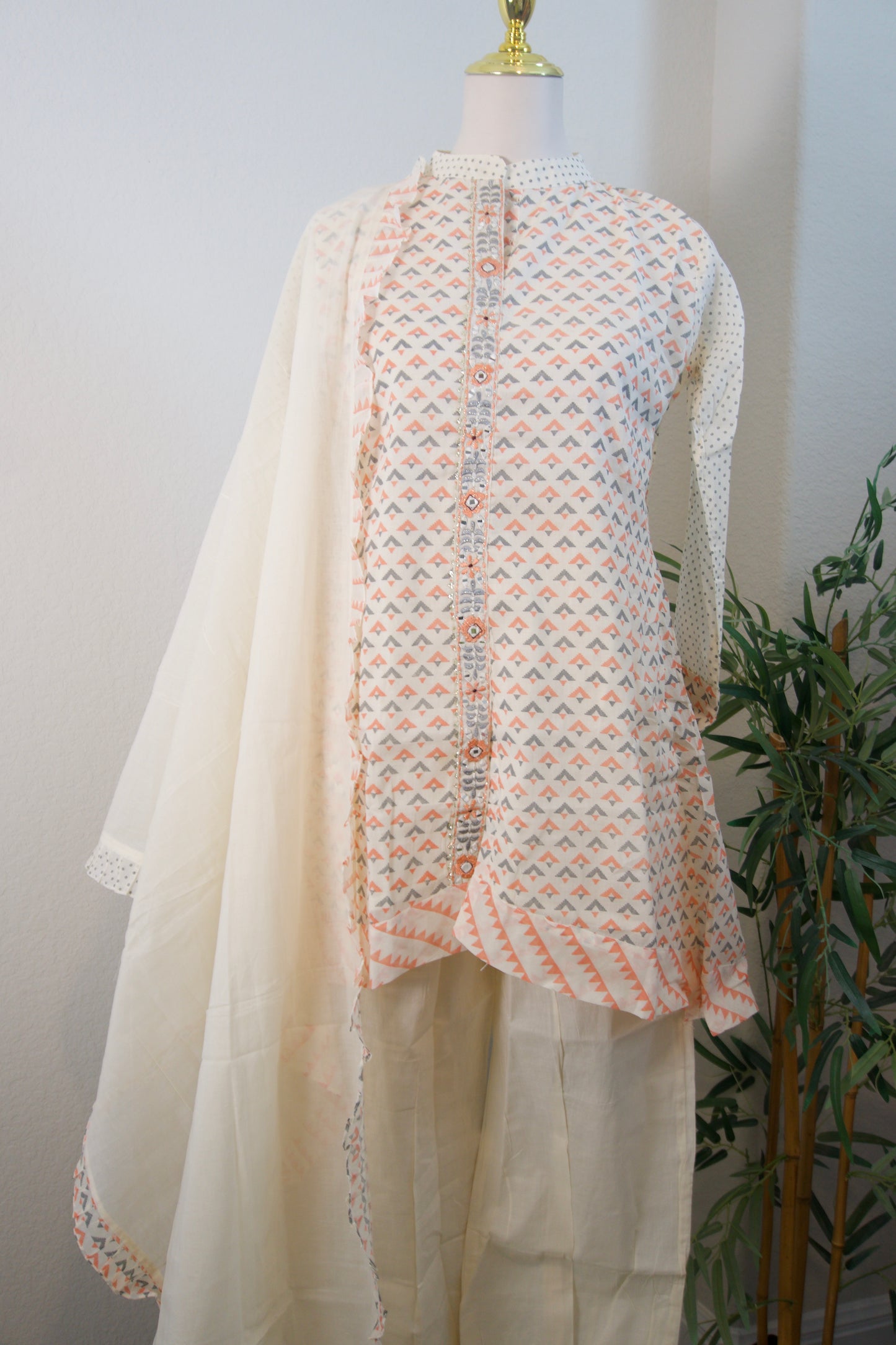 Half white and orange block print cotton high low 3 piece kurti set