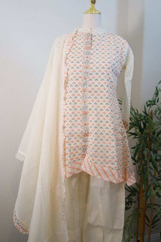 Half white and orange block print cotton high low 3 piece kurti set