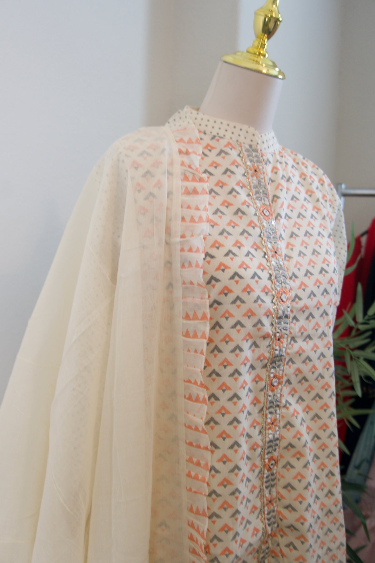 Half white and orange block print cotton high low 3 piece kurti set