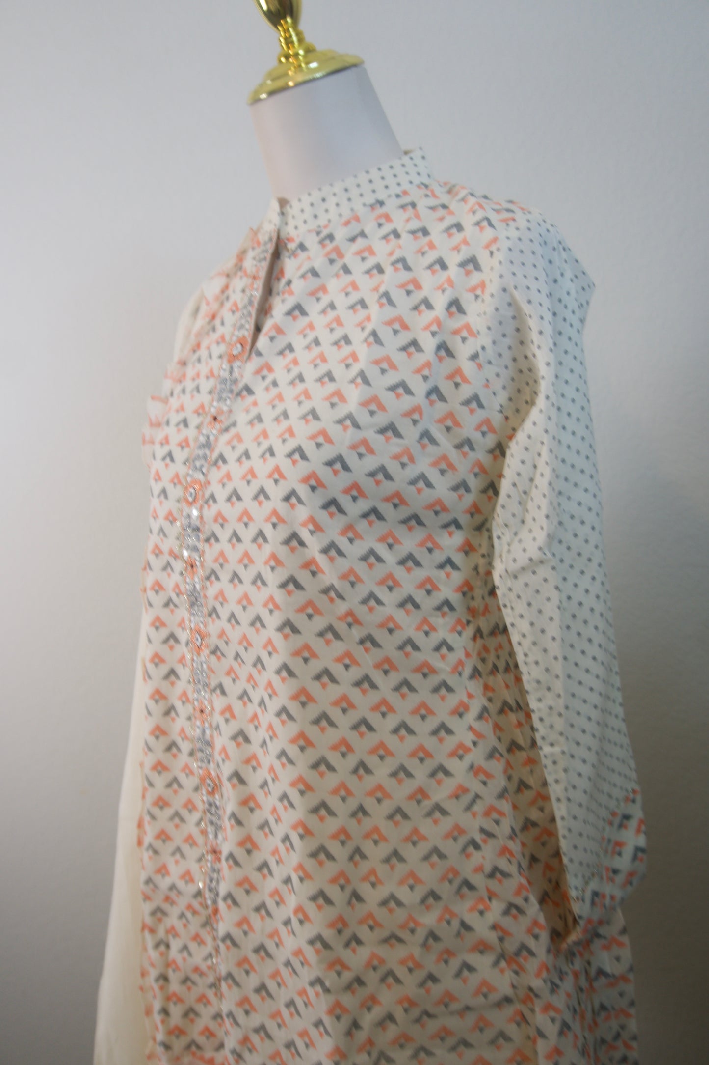 Half white and orange block print cotton high low 3 piece kurti set