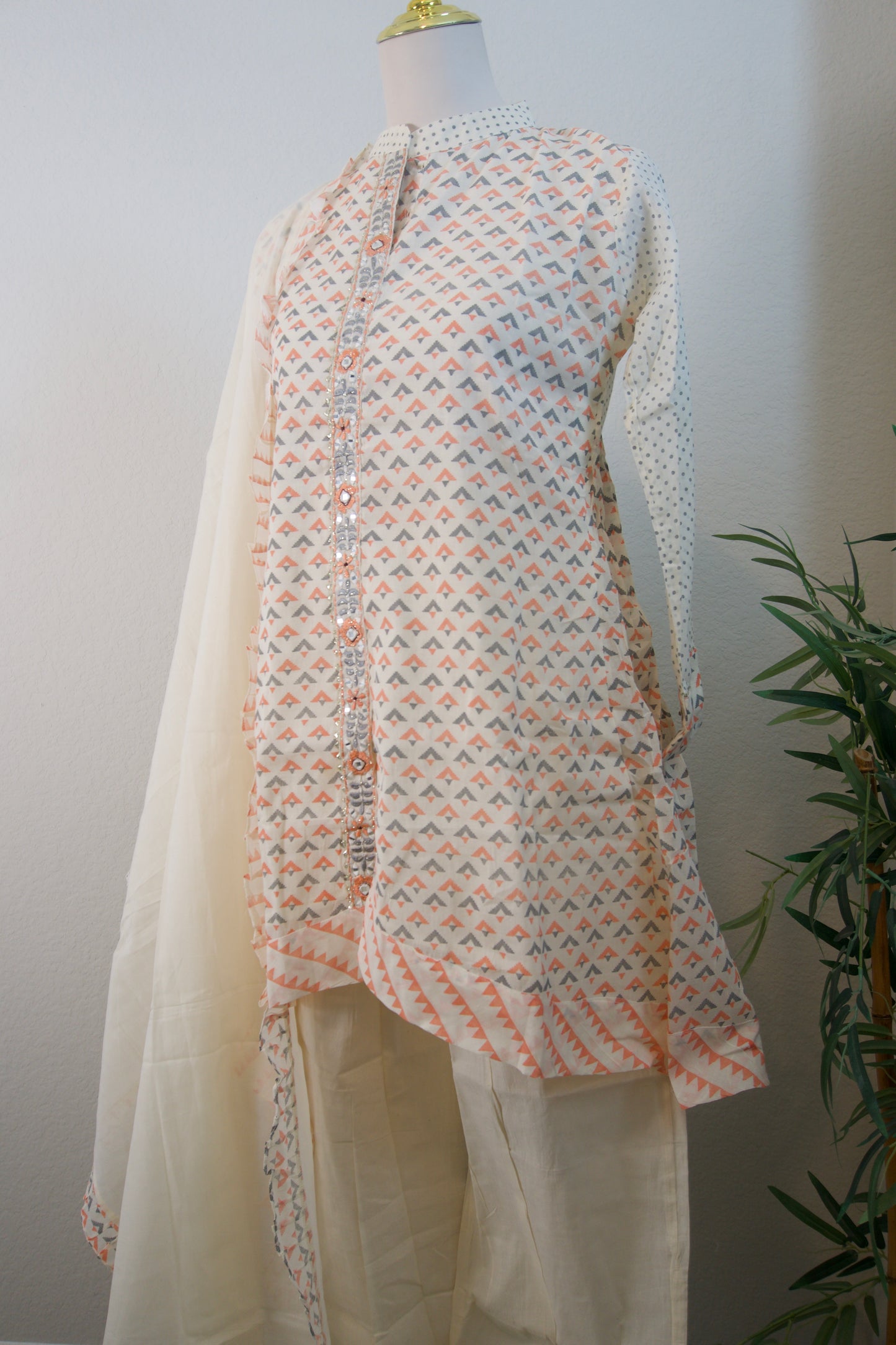 Half white and orange block print cotton high low 3 piece kurti set
