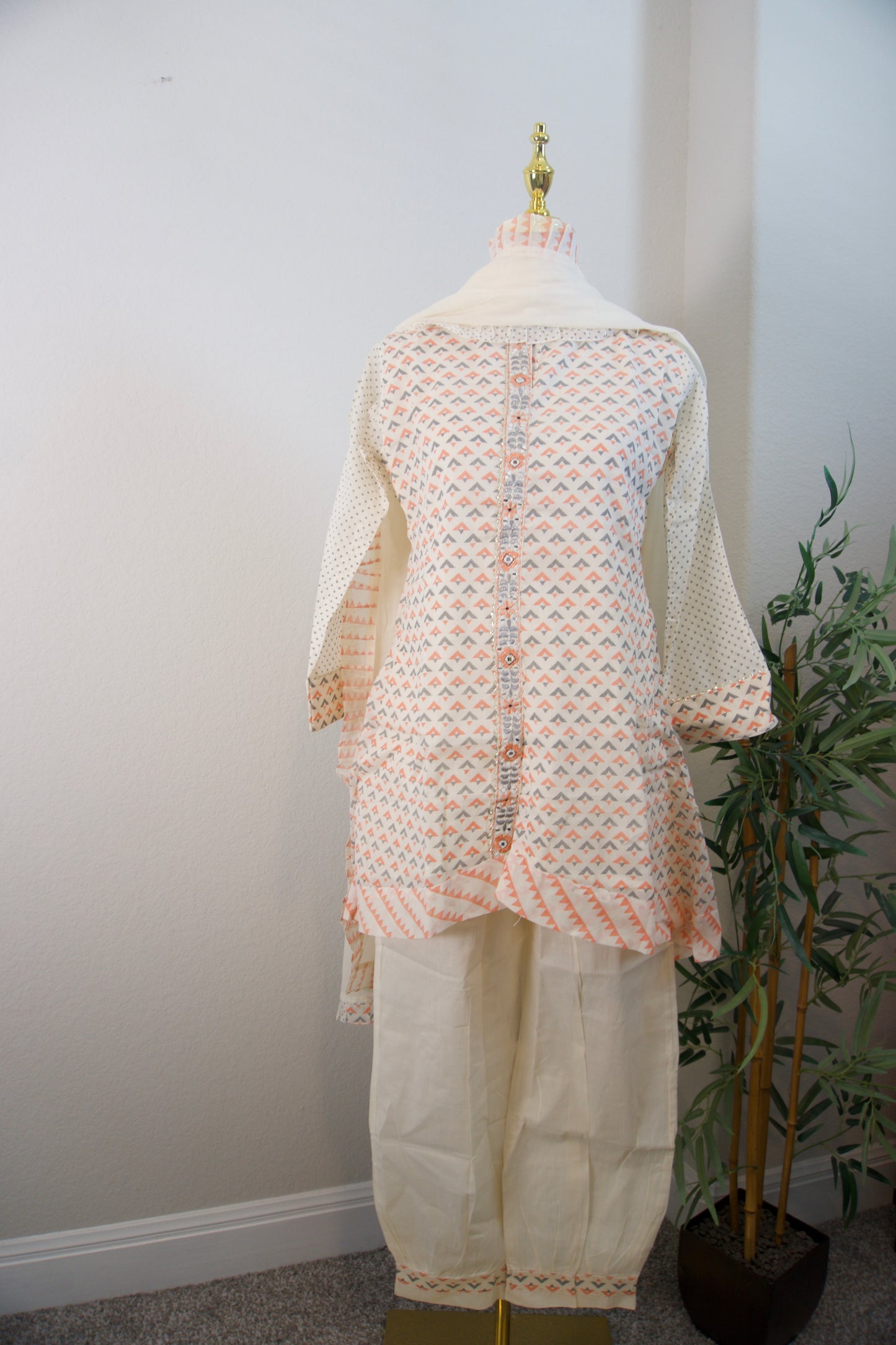 Half white and orange block print cotton high low 3 piece kurti set