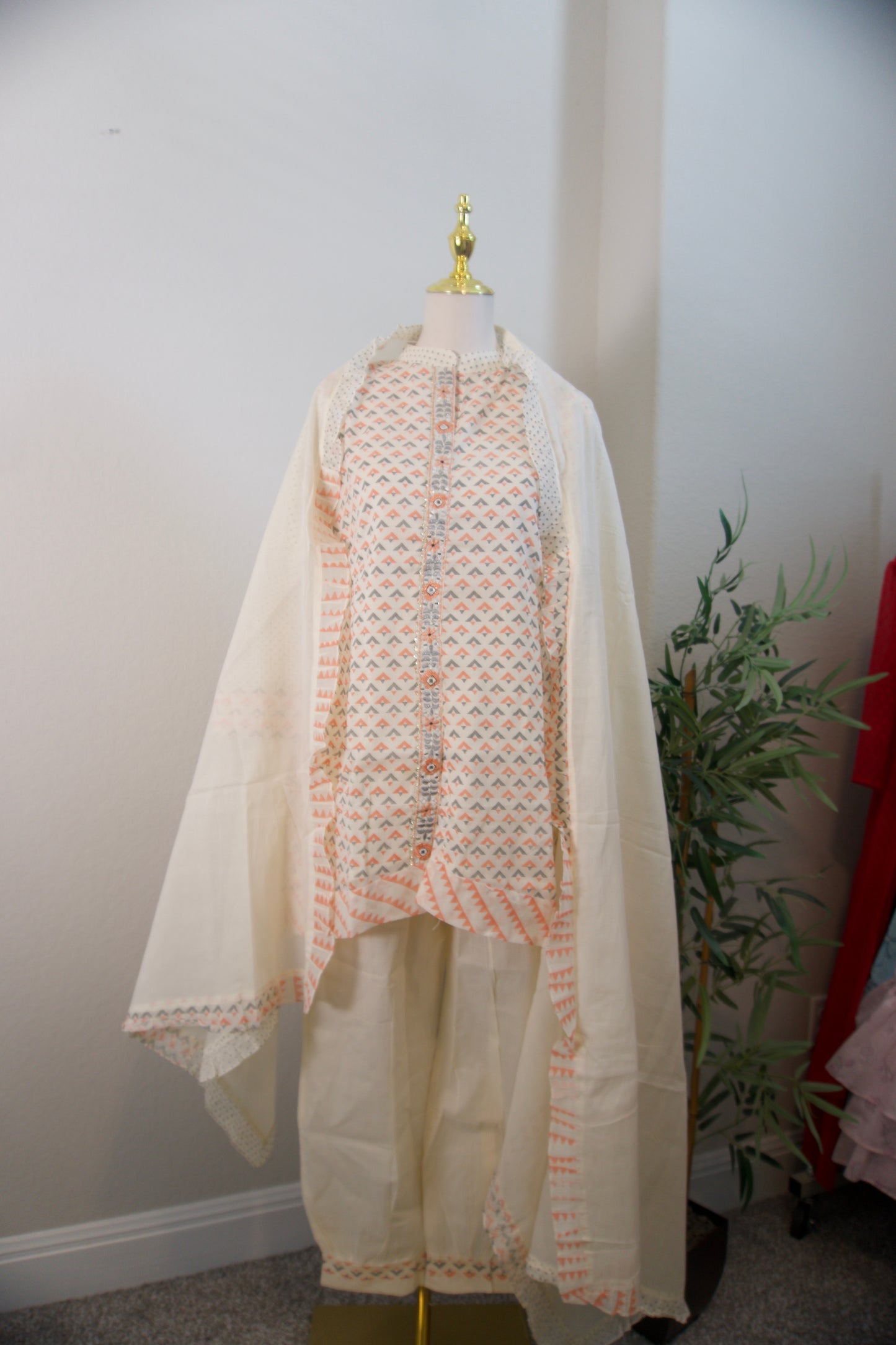 Half white and orange block print cotton high low 3 piece kurti set