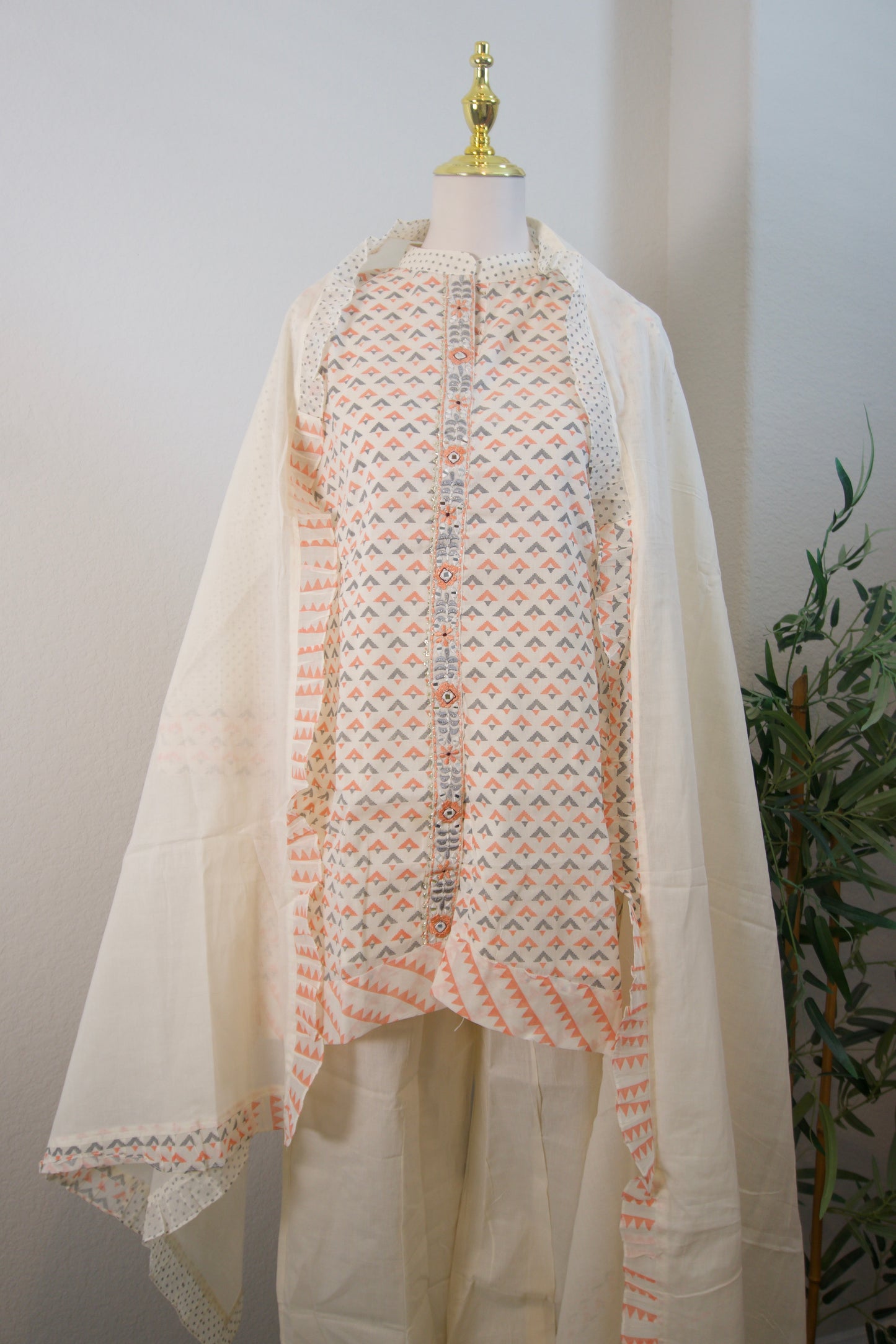 Half white and orange block print cotton high low 3 piece kurti set