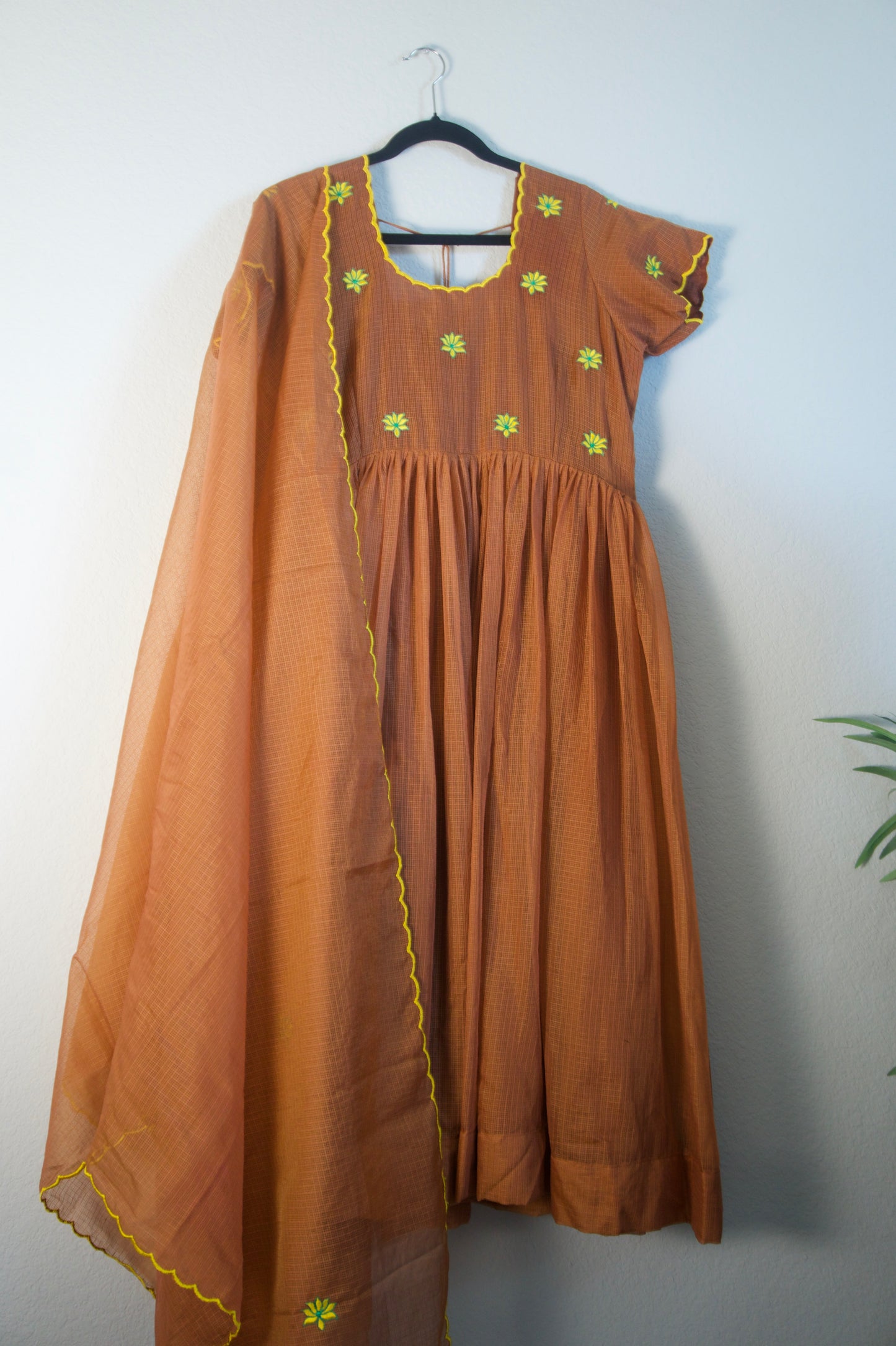 Brown Floral Embroidered Kota Anarkali Set