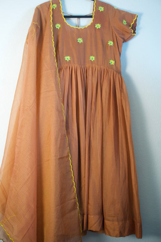 Brown Floral Embroidered Kota Anarkali Set