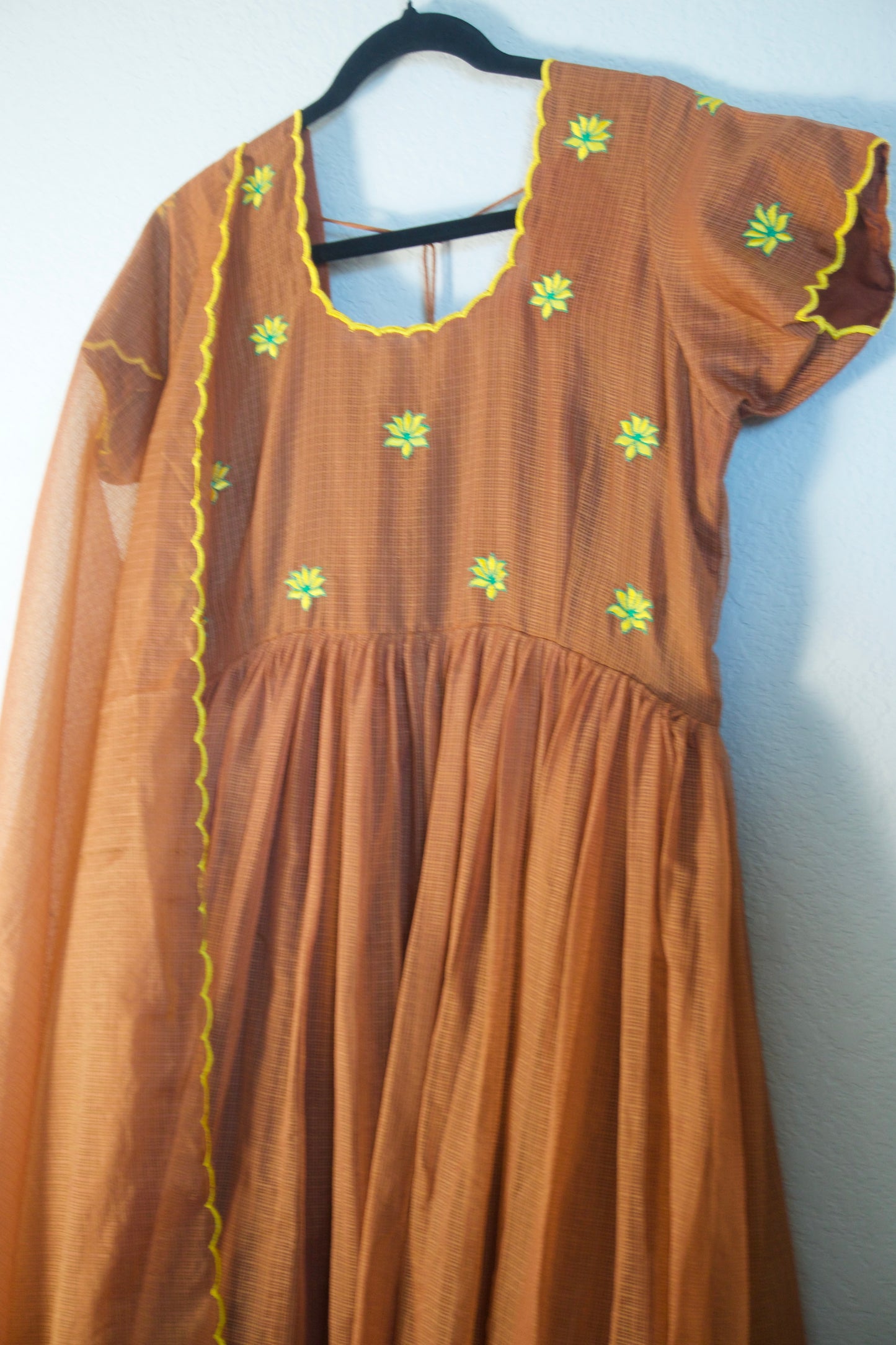 Brown Floral Embroidered Kota Anarkali Set