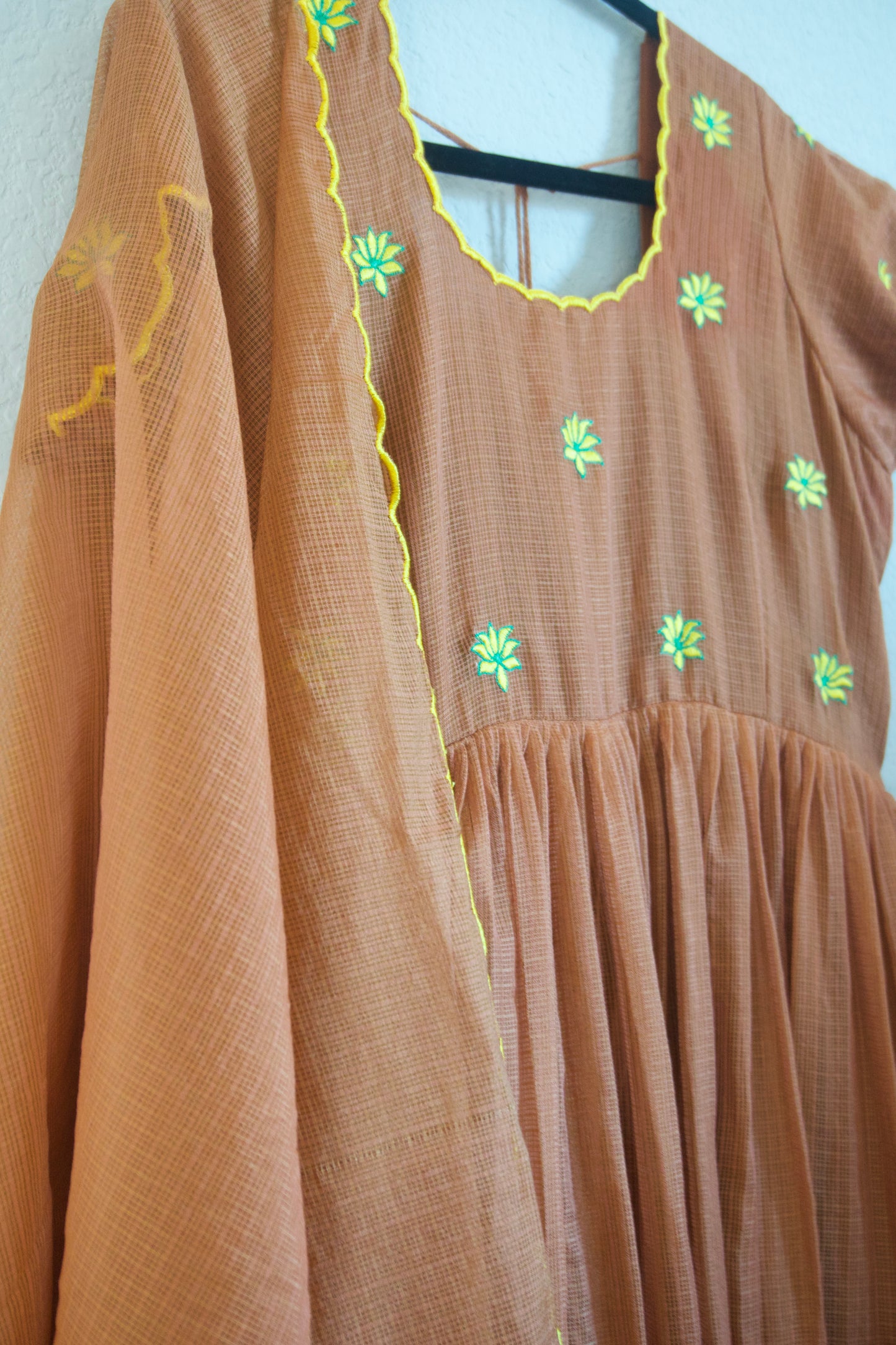 Brown Floral Embroidered Kota Anarkali Set