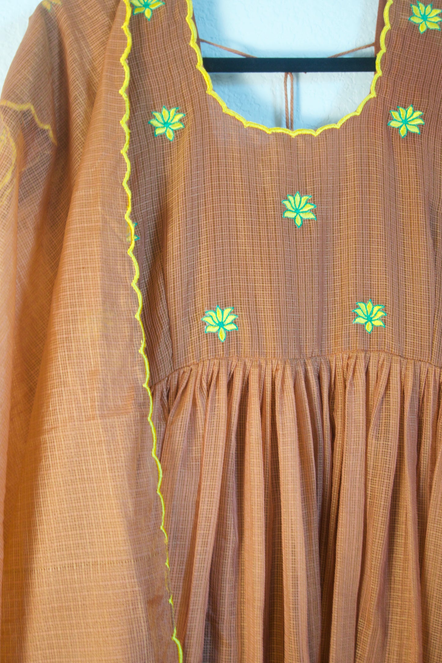 Brown Floral Embroidered Kota Anarkali Set