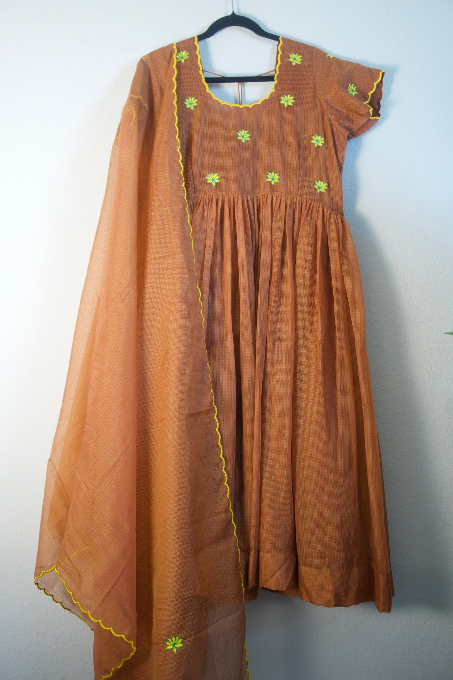 Brown Floral Embroidered Kota Anarkali Set