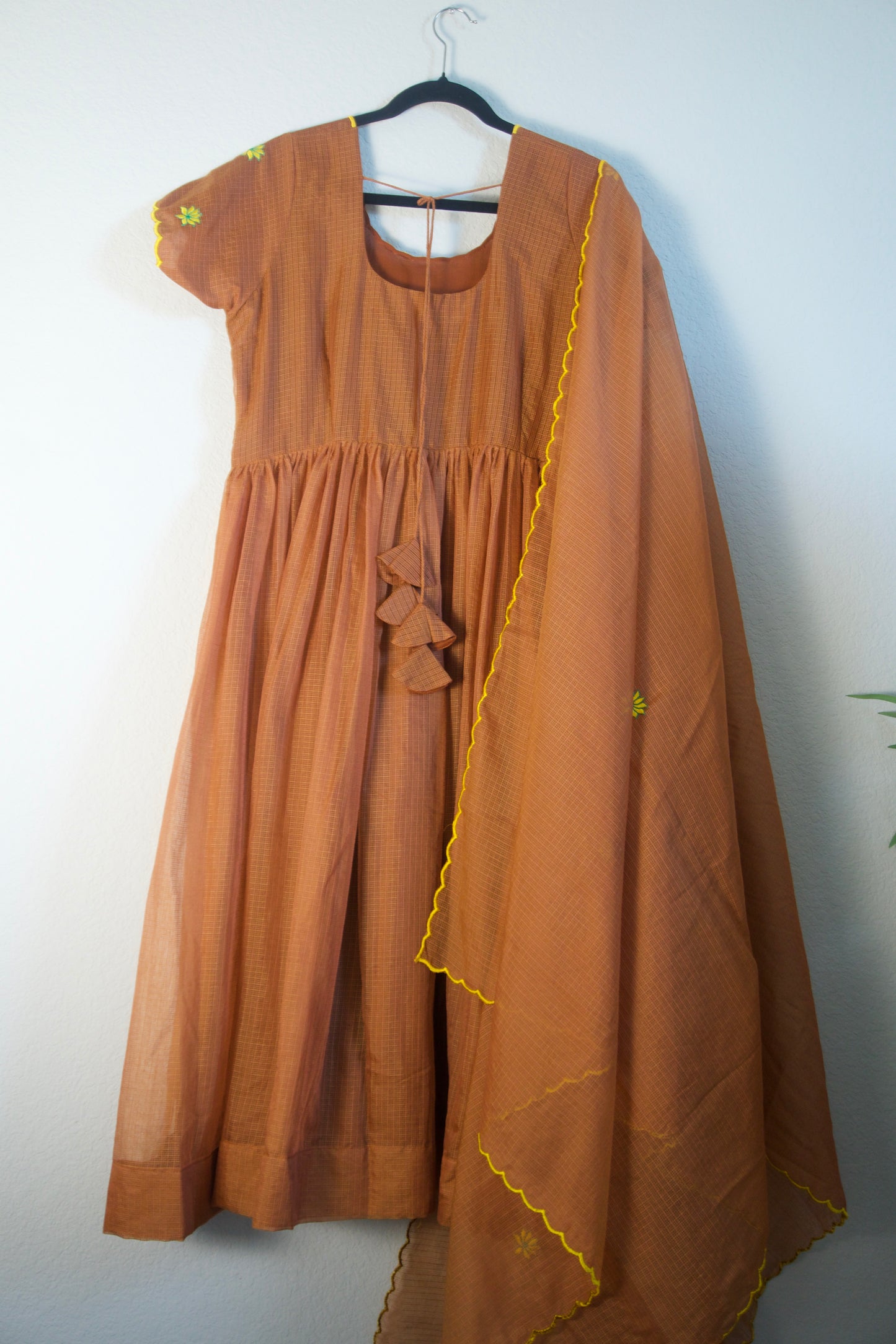 Brown Floral Embroidered Kota Anarkali Set