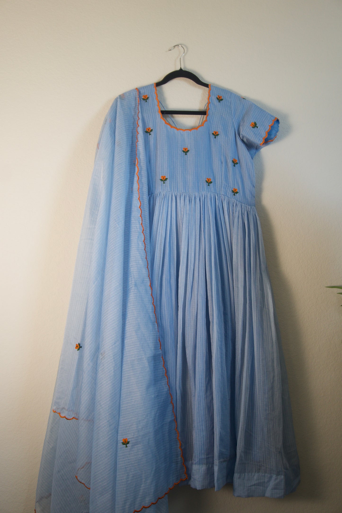 Powder Blue Embroidered Kota Anarkali Set