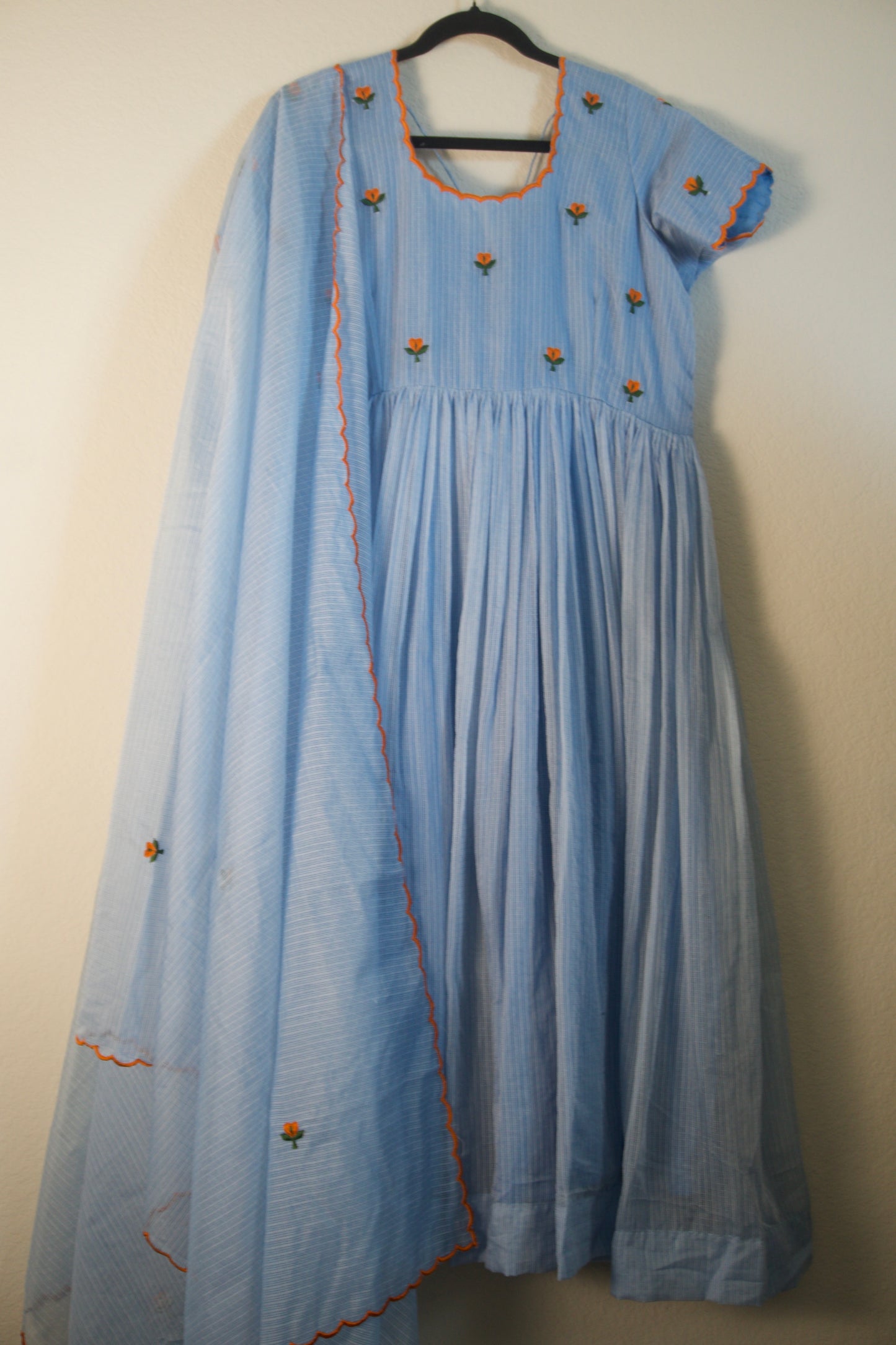 Powder Blue Embroidered Kota Anarkali Set